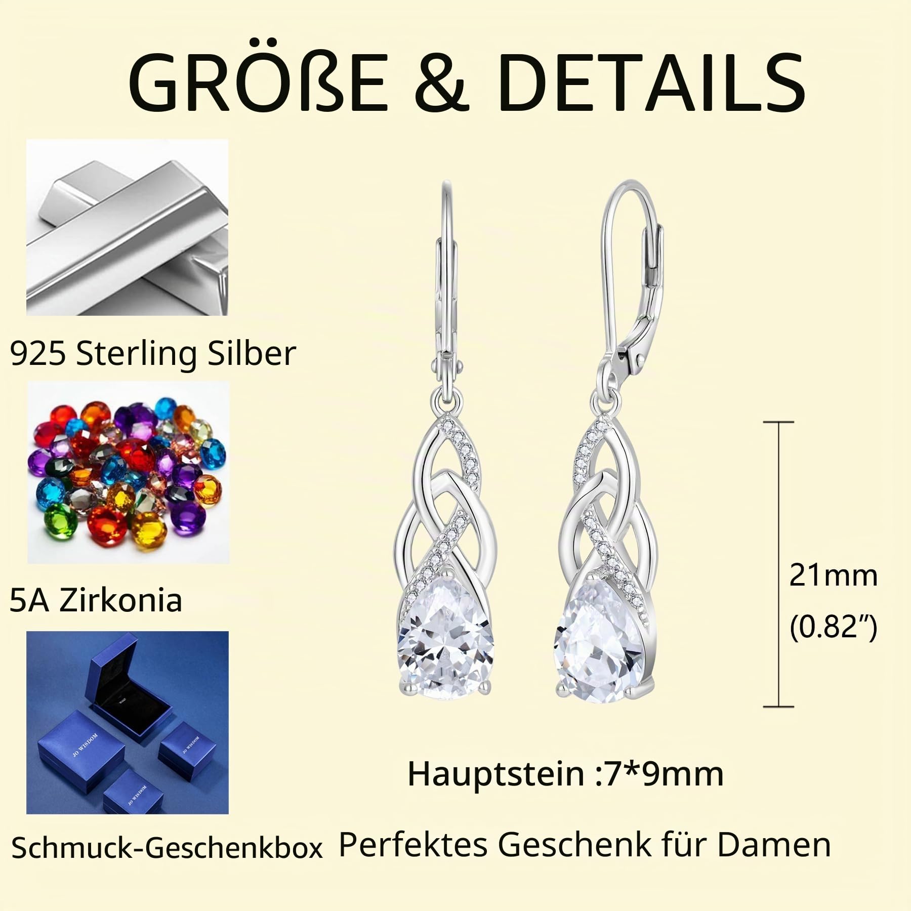 JO WISDOM Damen Hängende Ohrringe Silber 925 Unendlichkeits Keltischem Knoten Ohrhänger 3A Zirkonia Geburtsstein,Irischer Schmuck für Frauen