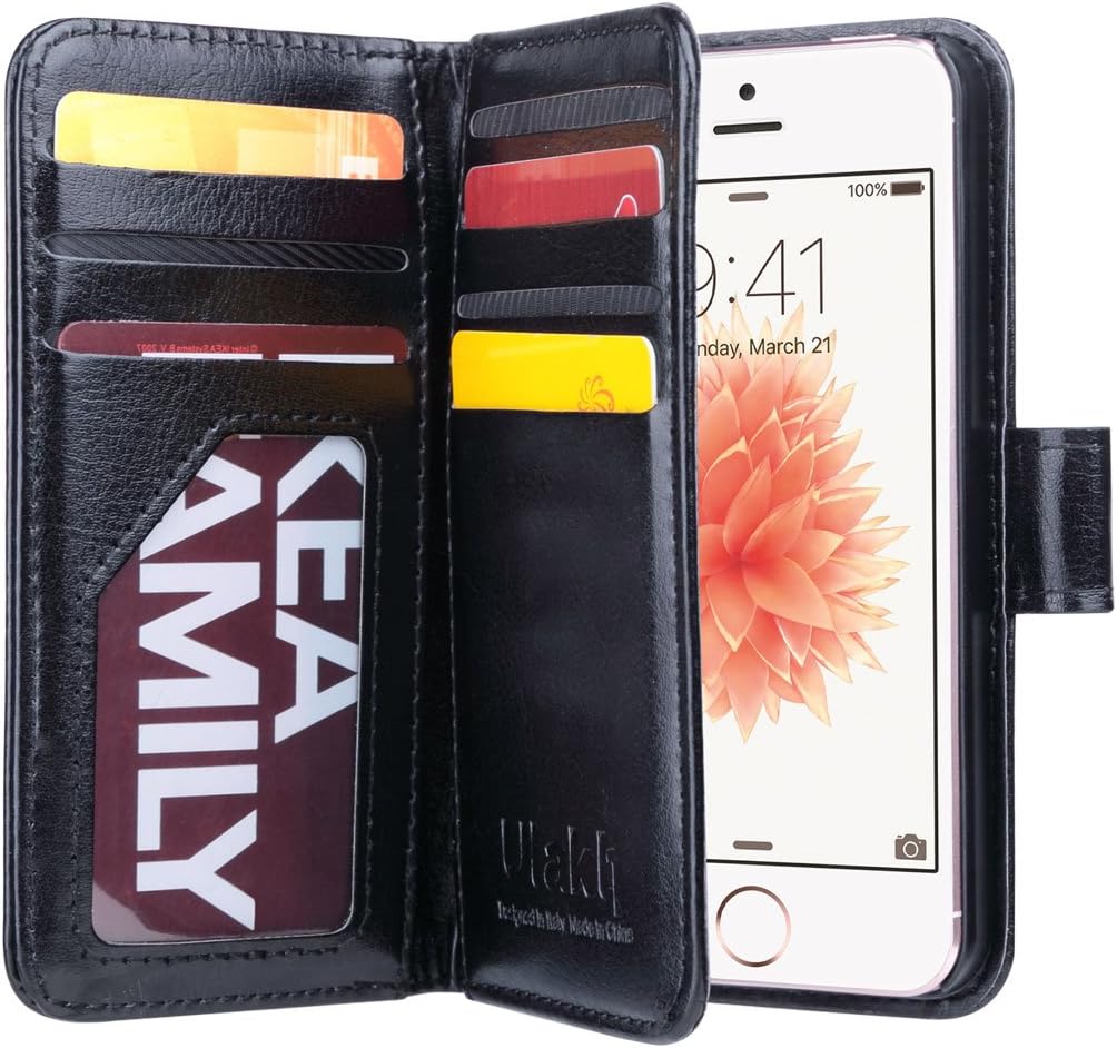 ULAK iPhone SE Case, iPhone 5 Case Black, iPhone 5s/5/SE Wallet Case, Fashion PU Leather Magnet Wallet Flip Case Cover with Built-in Credit Card/ID Card Slots for 5s 5G 5 SE,Black