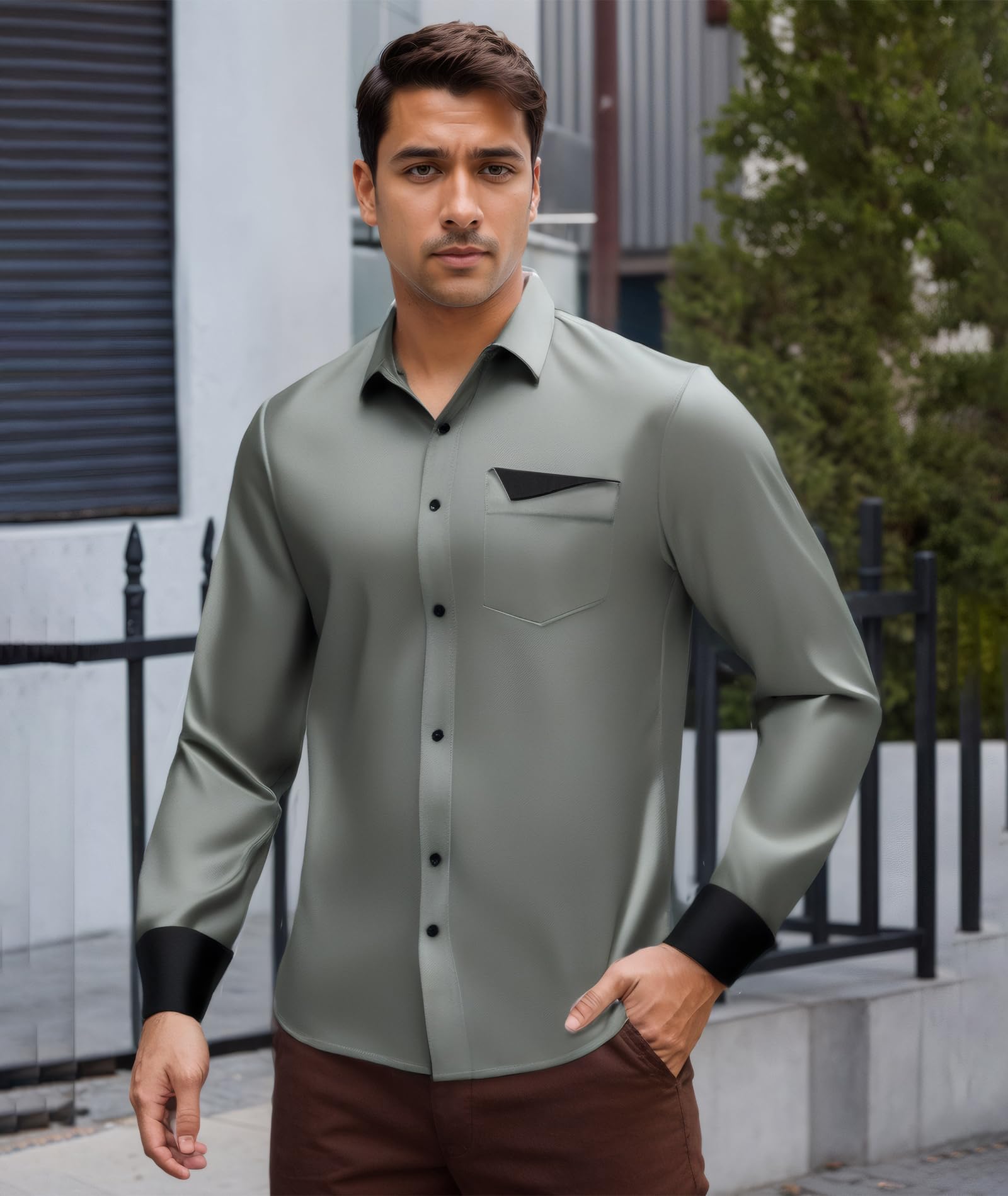 Men's Long Sleeve Shirt with Contrast Pocket & Cuffs, Classic Button Down for Business Casual