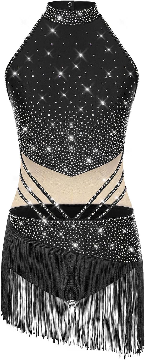 Women Latin Dance Fringe Dress Hollow Out Salsa Ballroom Performance Bodysuit Outfit with Mesh Gloves