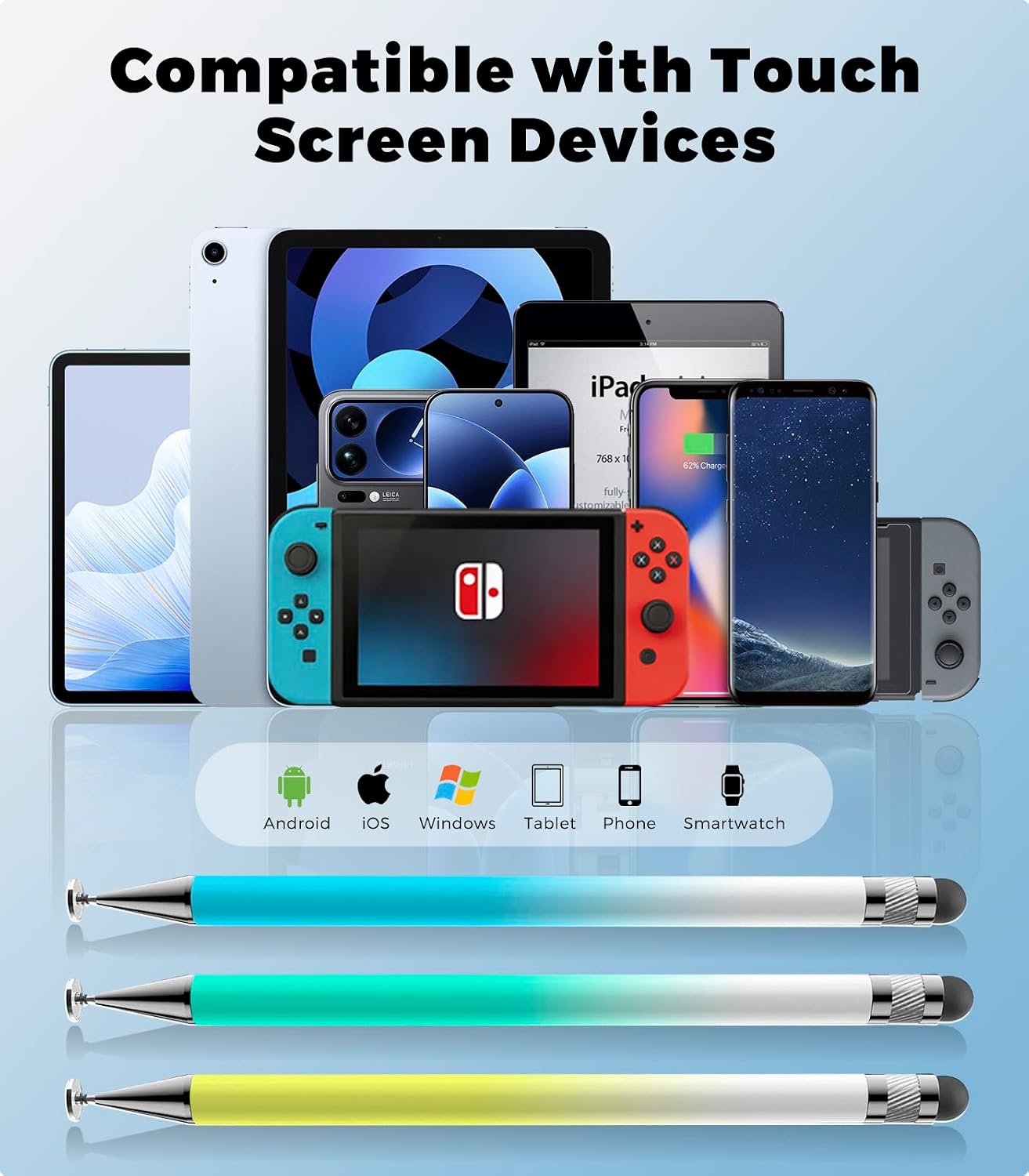 Stylus(3pcs), 2-in-1 Stylus Pen for Touch Screen, High Precision & Sensitivity Pen for iPad Pencil, Compatible with Nintendo Switch 2/iPhone/Android/Samsung, All Touch Screens (Yellow Blue Green) thumbnail