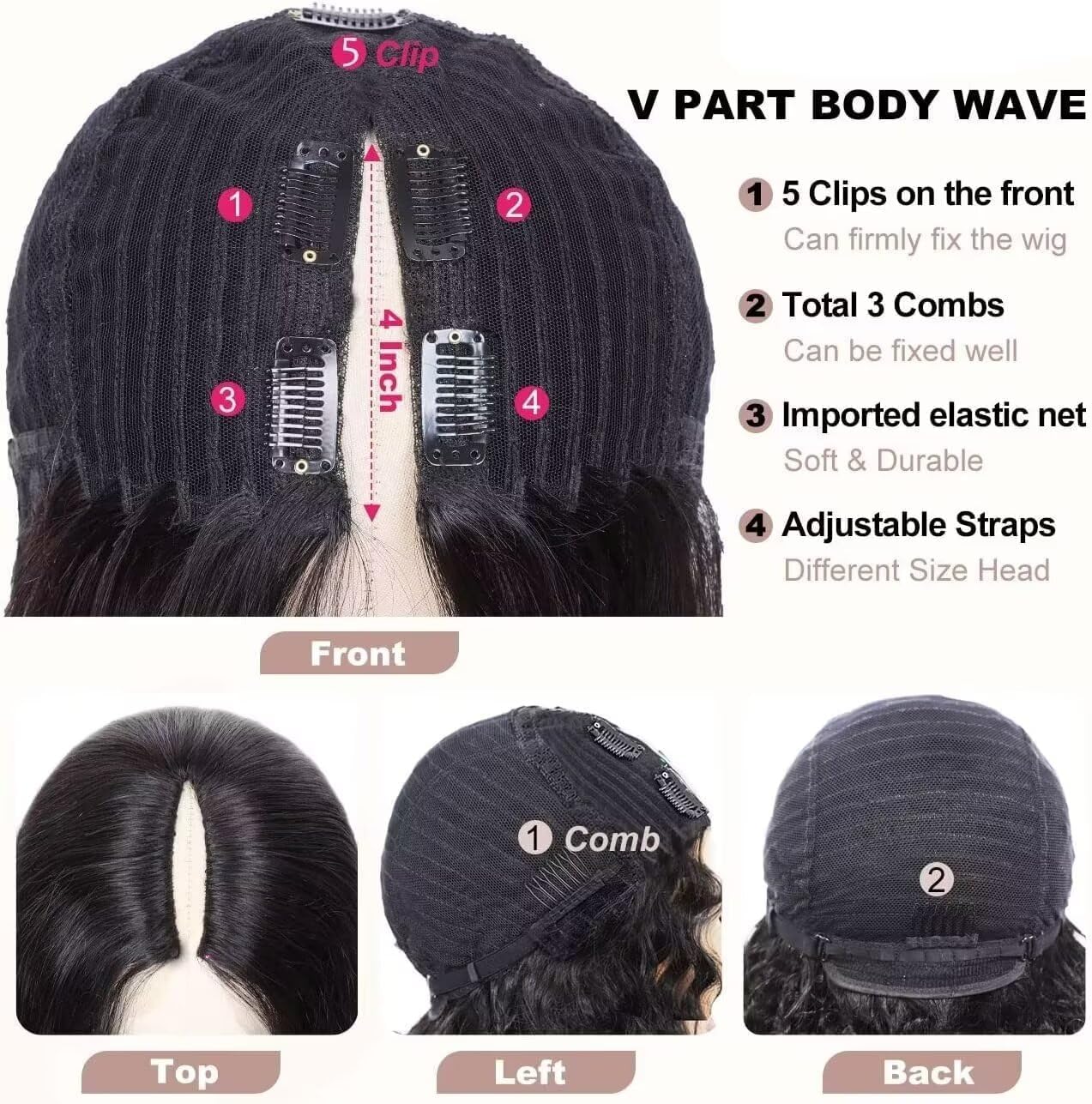 V Part Wig Human Hair Body Wave 20 Inch Brazilian Virgin Hair Wigs with Clips, natural color - Image 4
