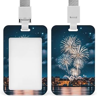 Sliding Christmas Fireworks in The Night Sky Badge Holder Waterproof Plastic Card Holder with Clear Window Detachable Lanyard Vertical Heavy Card Case Protector for Office School Factory