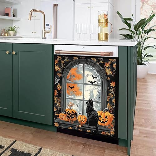 Miniatura 3 de Calcomanía magnética para lavavajillas con diseño de calabaza y gato negro con diseño de murciélago y luna llena, para lavavajillas, panel para