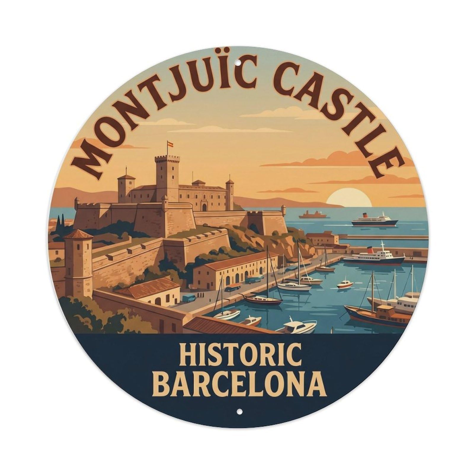 Mediterranean Barcelona Montjuic Hill Castle Historic Travel Metal Tin Sign Plaque Wall Decor for Cafe, Man Cave, Club Bar, Office, Home Garden Round Metal Poster 8x8Inch