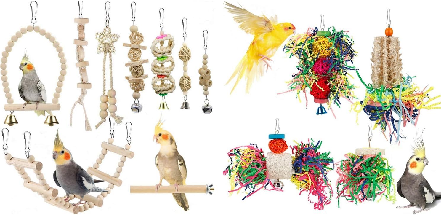 Bird Parrot Swing Toys, Chewing Standing Hanging Perch Hammock Climbing Ladder Bird Cage Toys for Budgerigar, Parakeet, Conure, Cockatiel, Mynah, Love Birds, Finches and Other Small to Medium Birds