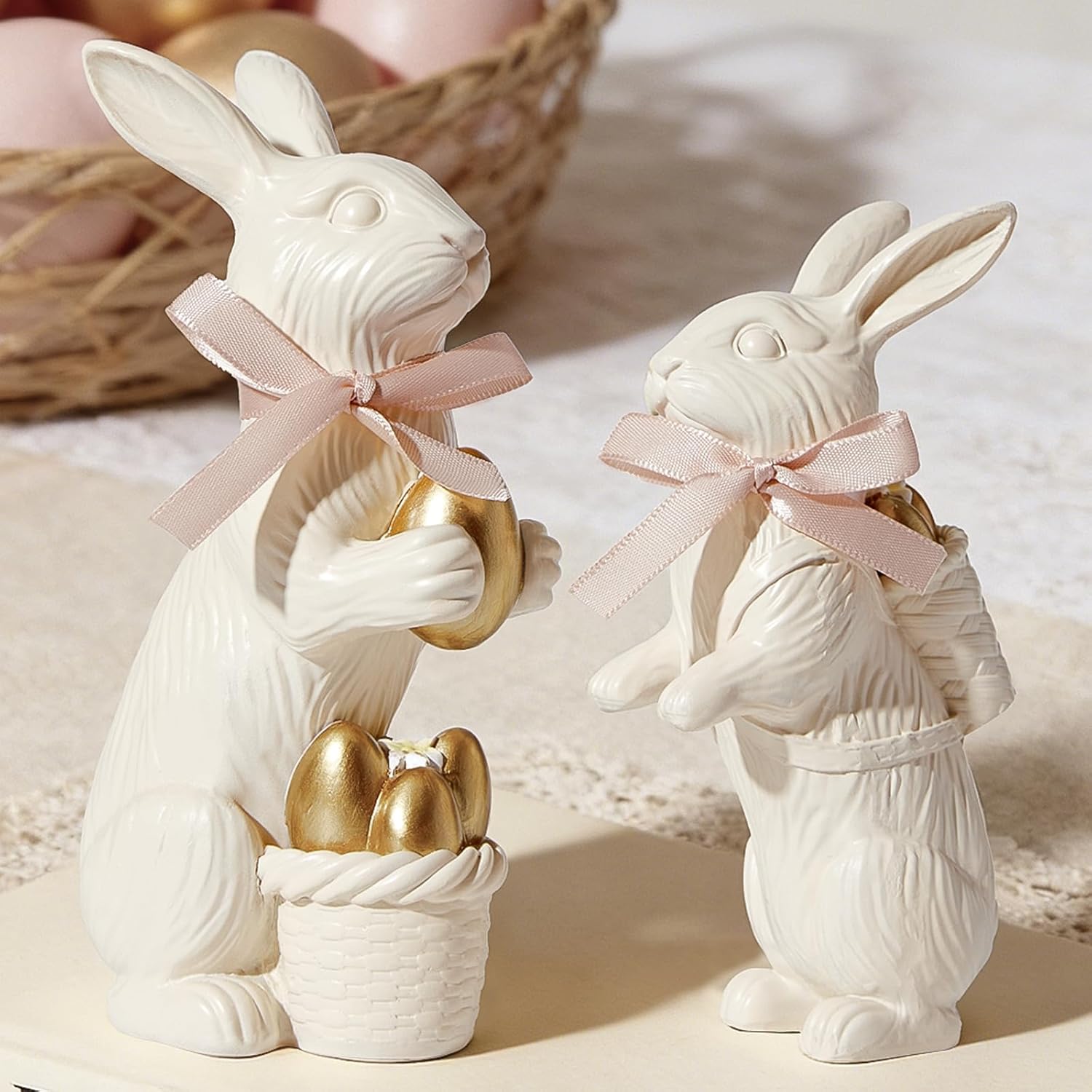WDS WONDROUS White Easter Bunny Figurines Set of 2, Resin Rabbit Statues with Gold Eggs & Pink Ribbon Bow, Spring Home Decor Centerpiece, Indoor Easter Decorations & Gift for Women, Family