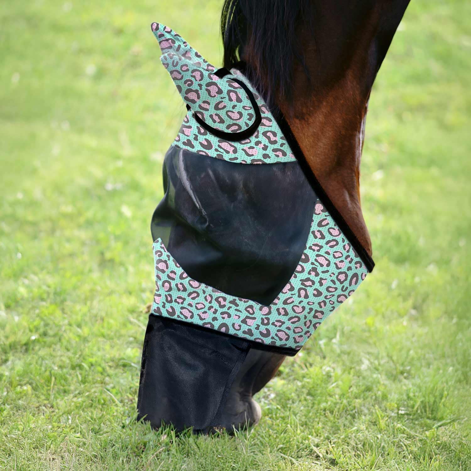 Jeffers Expression - Máscara antimoscas con orejas y nariz, guepardo de fiesta, caballo tamaño mazorca, protección UV, máscara ligera y transpirable para caballos, viajes, equipo de verano, enfriador