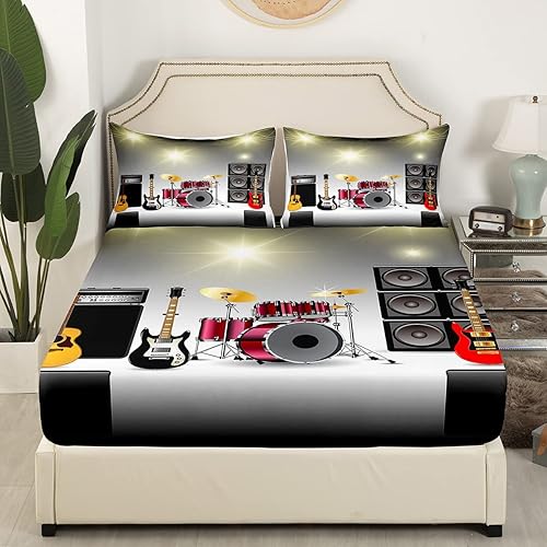 Miniatura 2 de Juego de ropa de cama de guitarra eléctrica, sábana con temática musical, para niños, adolescentes, niñas, moderna, suave, con bolsillos profundos,