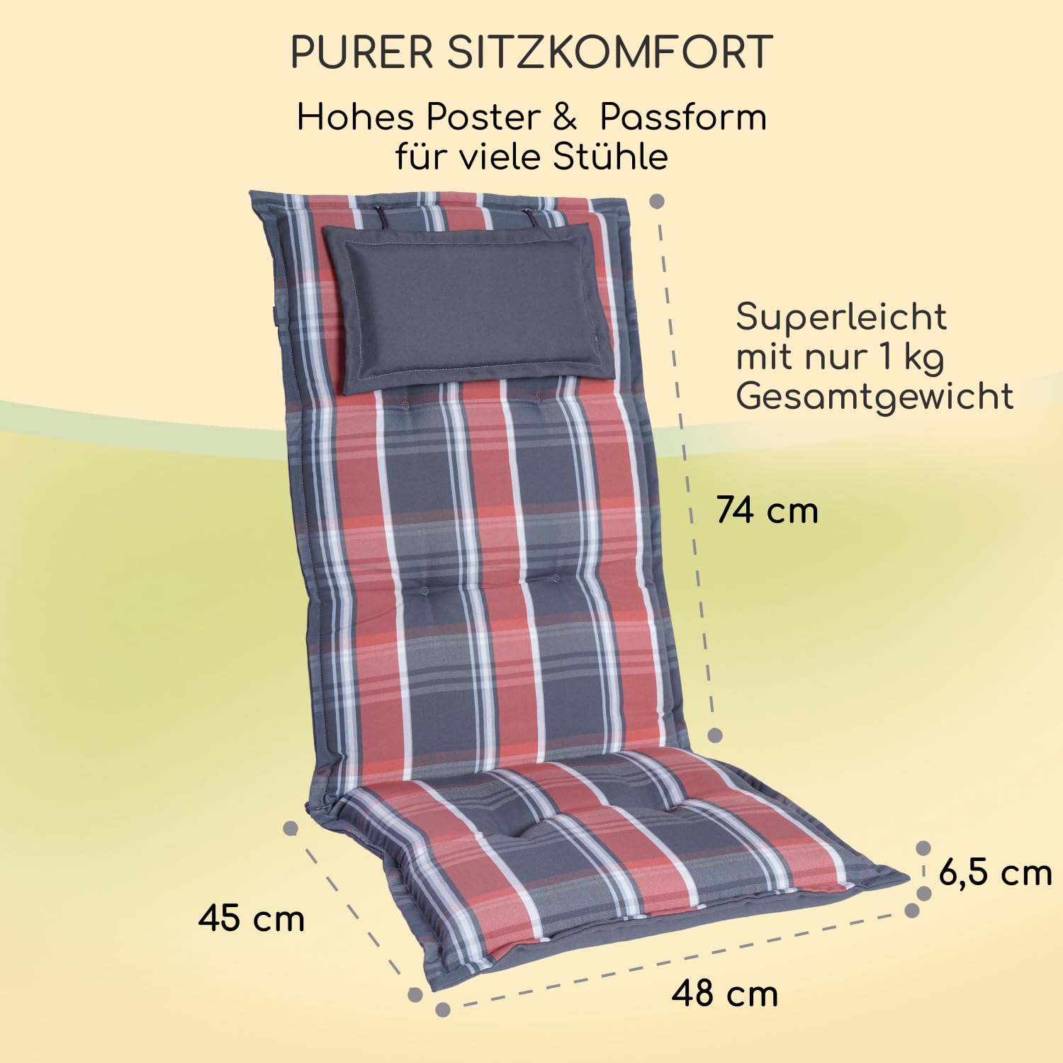 Gartenstuhlauflagen Hochlehner, 2er Set, Grau-Orange-Kariert