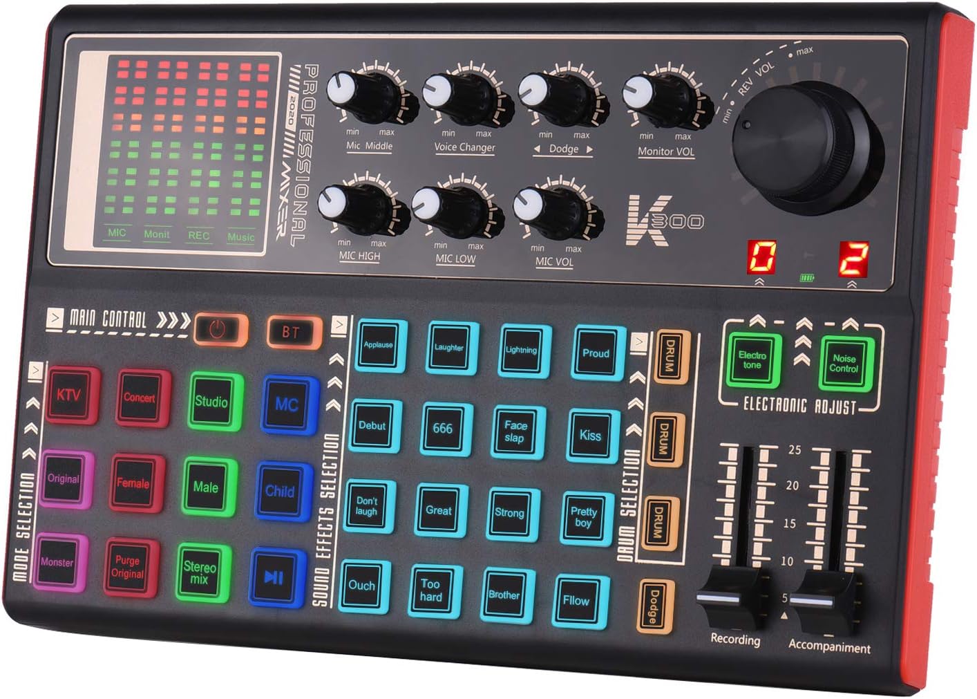 Sound Card, SK300 Live Sound Card External Voice Changer Audio Mixer Built-in Rechargeable Battery Multiple Sound Effects for Live Streaming Music Recording Smartphone Computer Game Karaoke