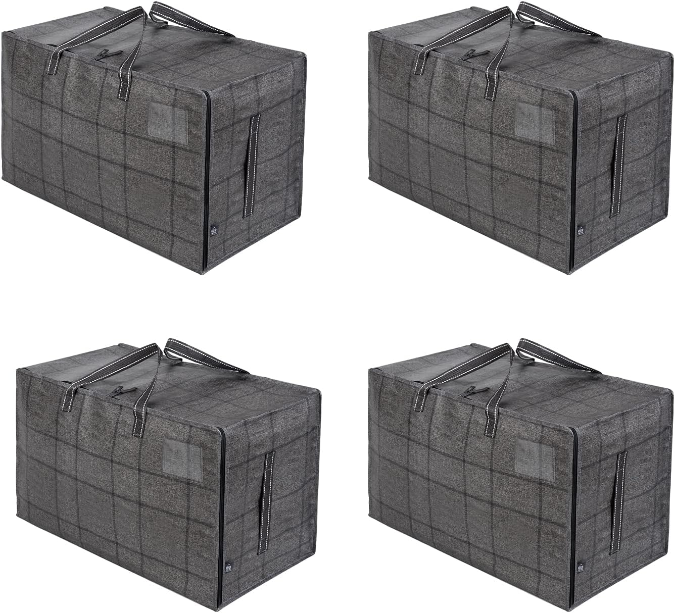 VENOVENO 4 Pack Heavy-Duty Oversize Large Storage Bag Organizer with Zips and Tag Pocket for Moving, Clothes Storage, Laundry Bag, House Essentials, Sustainable, Water-Resistant (Windowpane, 4 Pack)