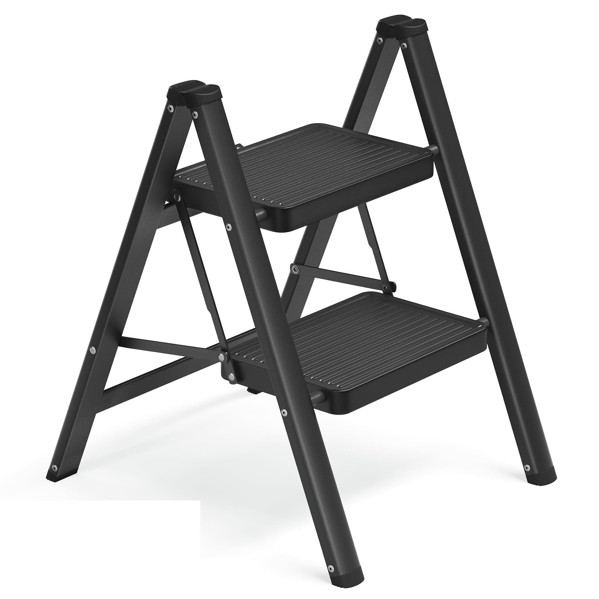 SONGMICS Step Ladder, Folding Step Stool, 2-Step Foldable Ladder, Holds up to 150 kg, Steel, Heavy-Duty, Easy Storage for Home and Office, 55 x 43.4 x 61.8 cm, Black GSL102BZ01