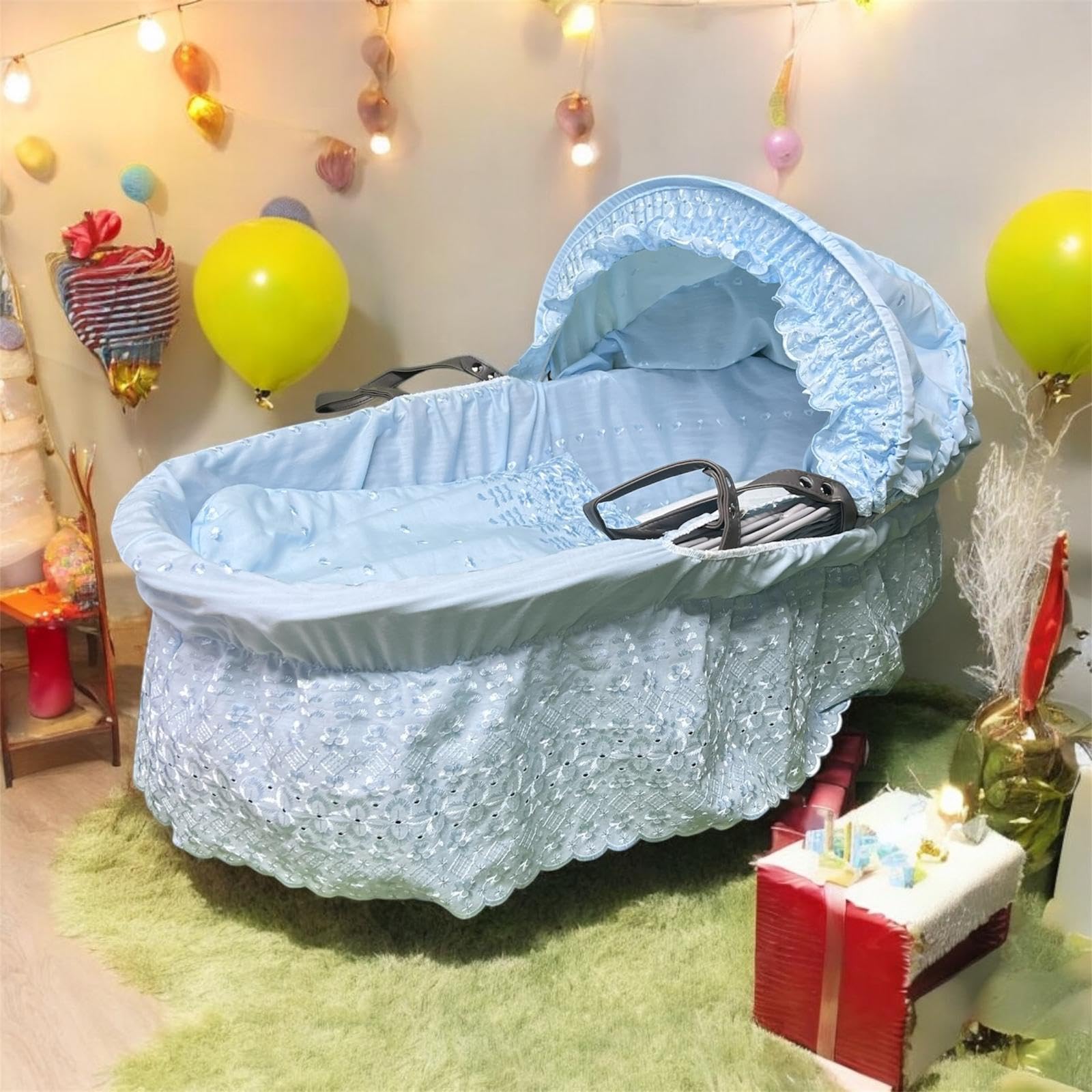Broderie Anglaise Designer Spare Replacement Moses Basket Dressing Cover Bedding Set & Adjustable Hood, Padded Liner, Body Surround Basket Cover Only (Sky Blue)
