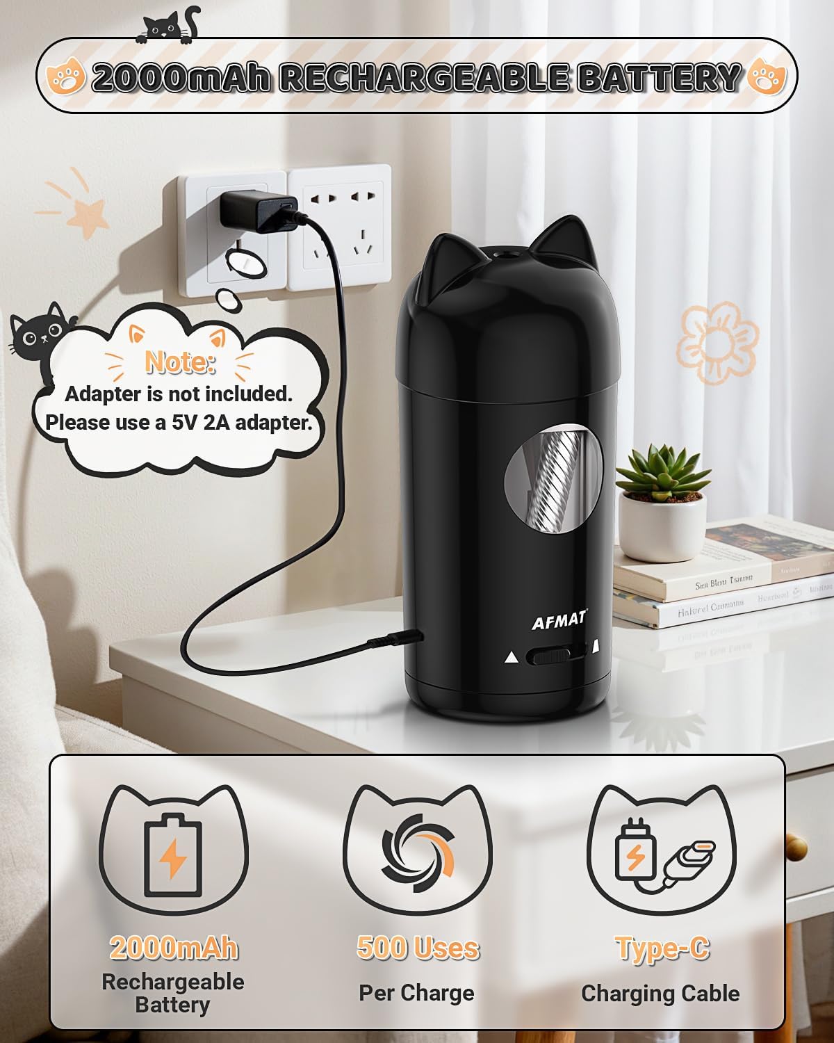AFMAT Electric Pencil Sharpener, Fully Automatic Pencil Sharpener for Kids, Auto in & Out, for φ7-8mm No.2/Colored Pencils, Rechargeable & Cordless, Cute Cat Pencil Sharpeners for Classroom Home PSX9