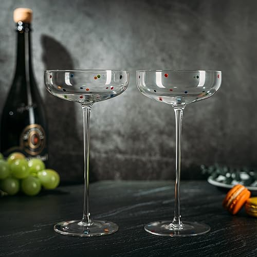 Miniatura 4 de The Wine Savant Juego de 2 copas de champán con lunares de 8.8 onzas, lentes de colores arcoíris de lunares, cristalería de cóctel, regalos de