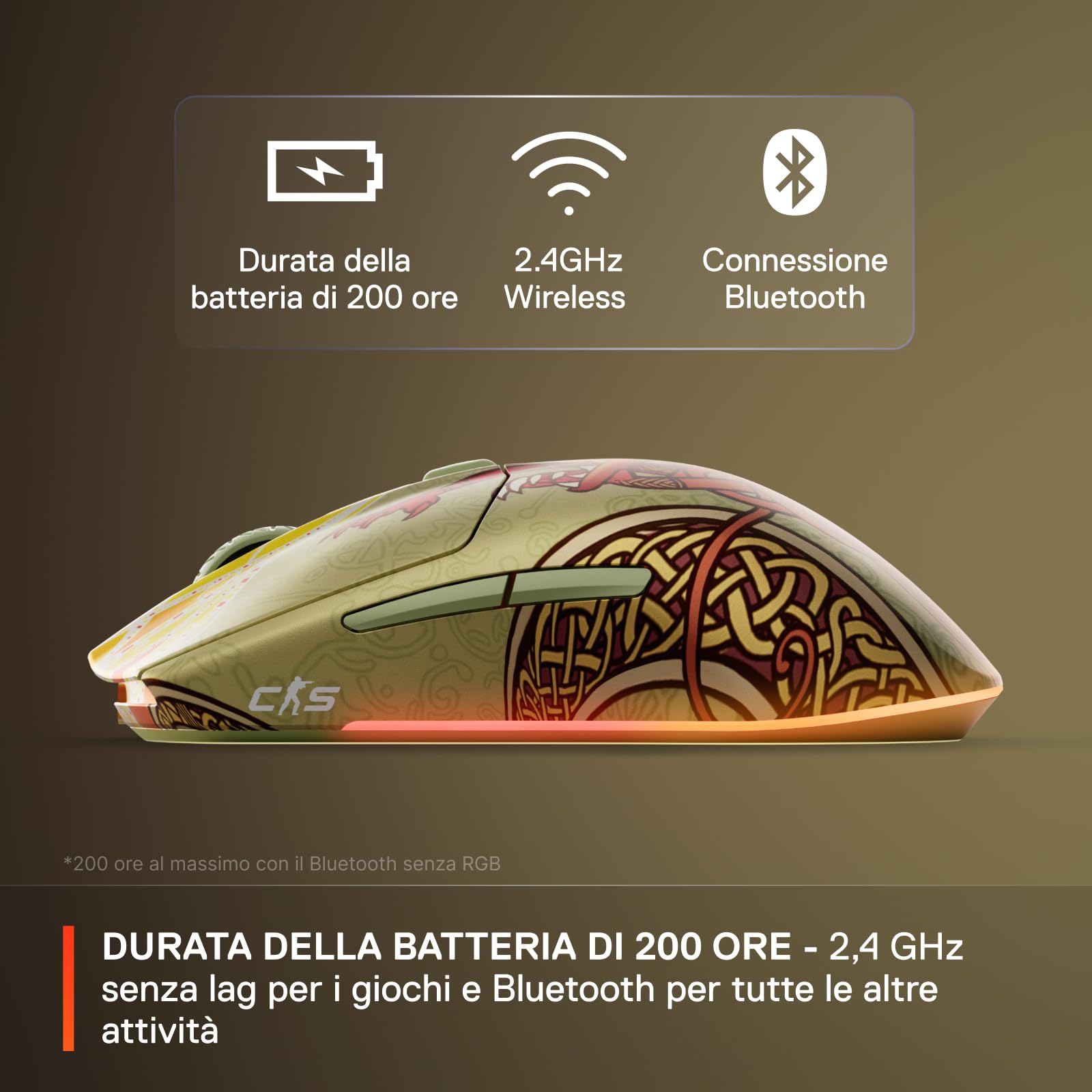 SteelSeries CS2 Dragon Lore Edition - Mouse da gaming wireless - Counter-Strike - 2,4GHz e Bluetooth - Sensore ottico TrueMove Air da 18K DPI - Batteria fino a 200 HR - 80M di clic garantiti