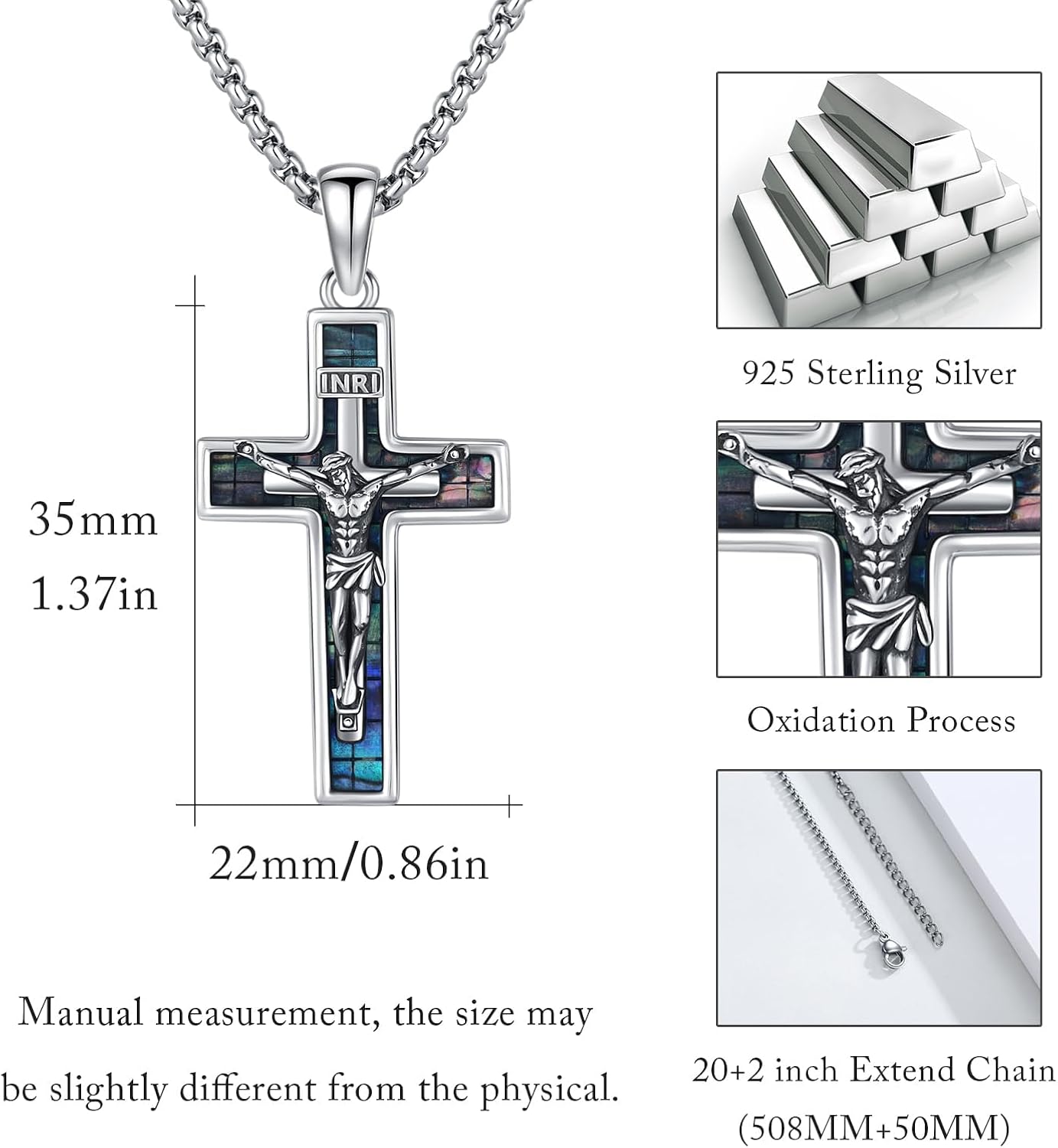 Crucifix Necklace 925 Sterling Silver Jesus/Orthodox Cross Pendant Gold Plated Necklace Abalone/Turquoise/Malachite Cross Jewelry Gift for Men Women Friend Brother - Image 5