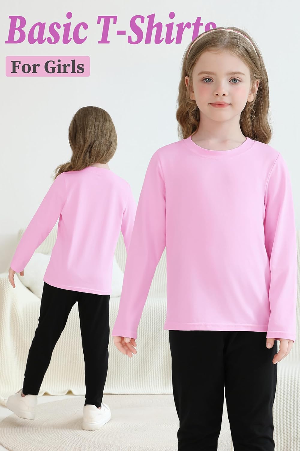 5 Pack Cotton Girls Long Sleeve Shirts Toddler Soft Basic T-Shirts Top Kids Crewneck Layering Tees - Image 2