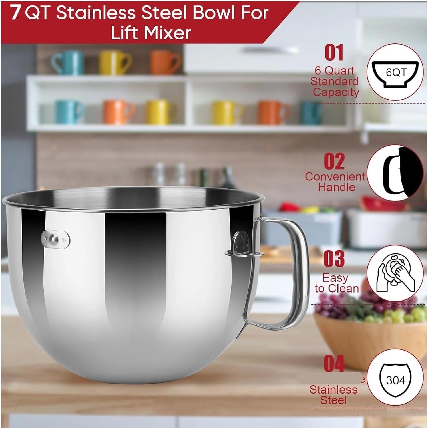 KA7QBOWL Stainless Steel Mixer Bowl With Handle, 7QT, Stand Mixers Mixing, Tilt-Head With