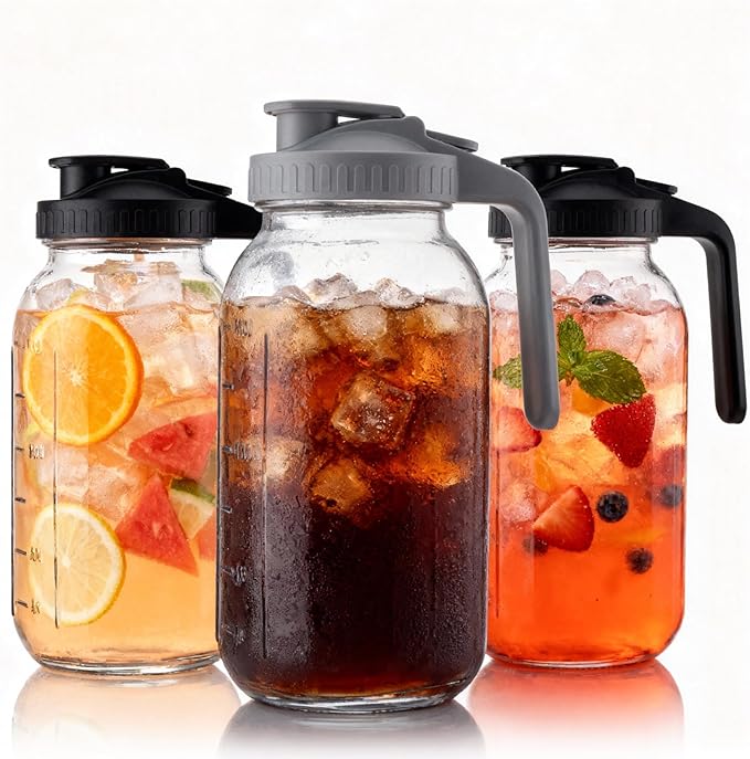 3 Pack 64oz Glass Pitcher with Lid, Mason Jar Style Water Pitcher for Fridge, Wide Mouth Glass Jug Great for Cold Beverage, Iced Coffee, Juice, Tea（3 Black）