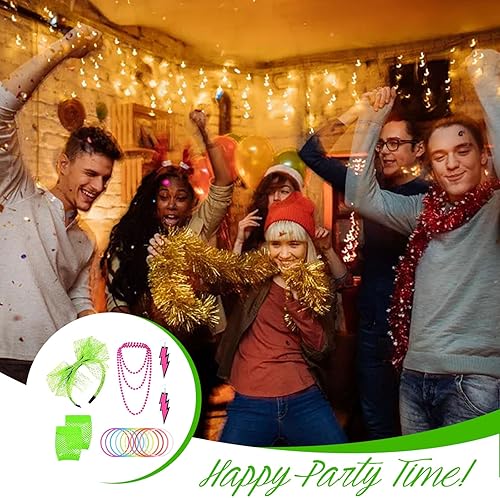 Miniatura 5 de Juego de accesorios de disfraz de neón de los años 80 para mujer, diadema de encaje, aretes, collar, pulsera y guantes de red