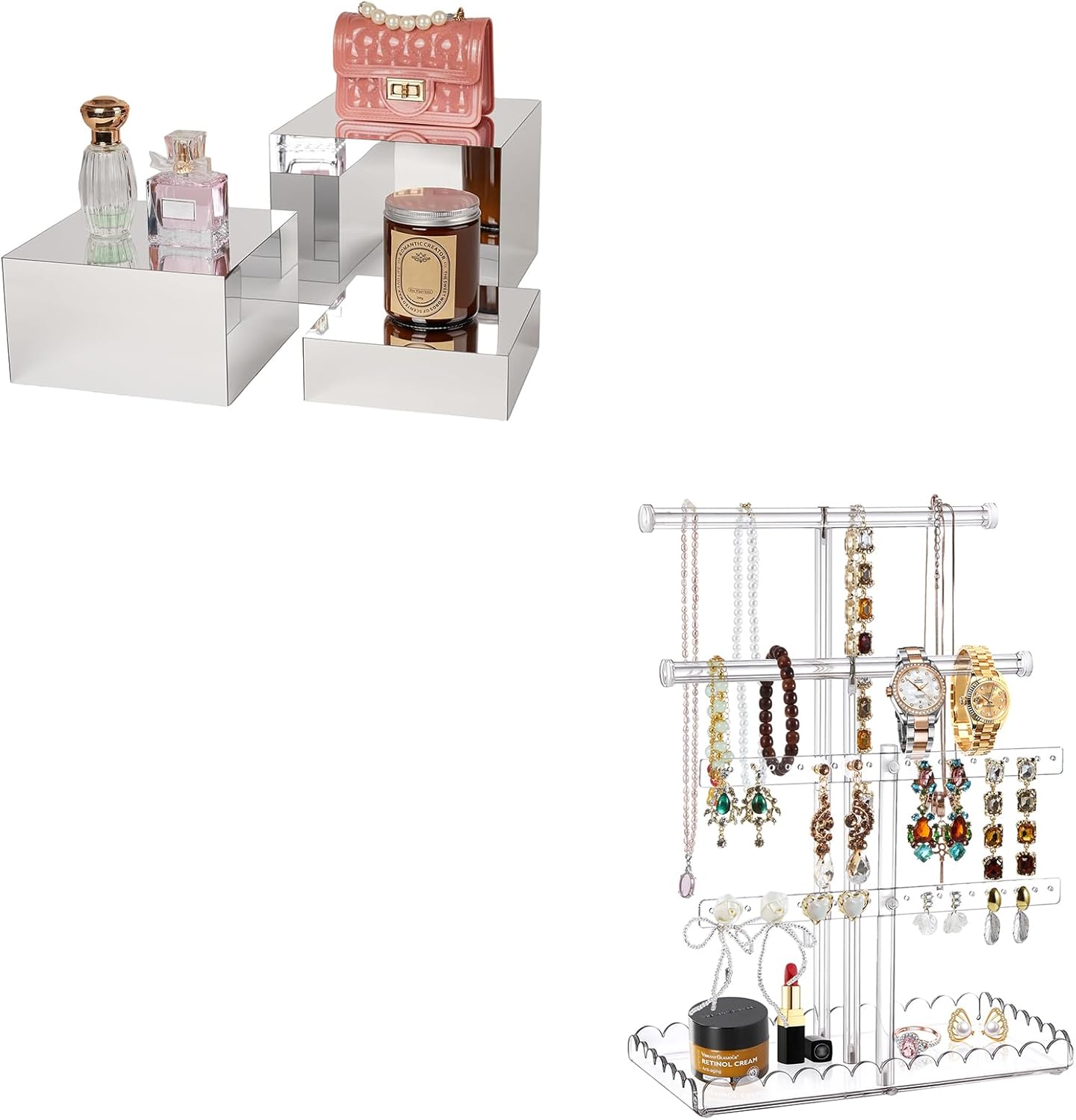 Acrylic Jewelry Organizer Set: 3 Pcs Display Risers & 4-Tier Scalloped Necklace Stand for Jewelry, Dessert & Collectibles