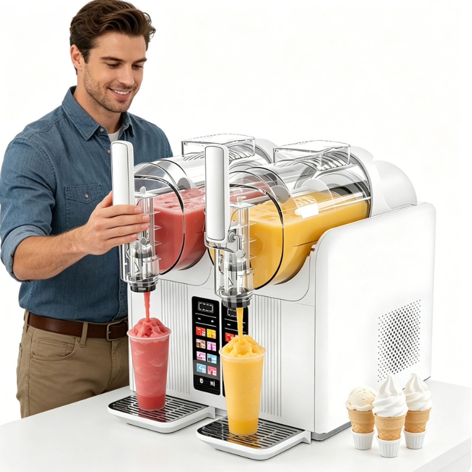 Máquina para hacer granizados, 430 W, 2 L, doble depósito, para uso comercial, 7 programas preestablecidos con pantalla LED y autolimpieza, no necesita hielo para preparar cócteles congelados (Bl