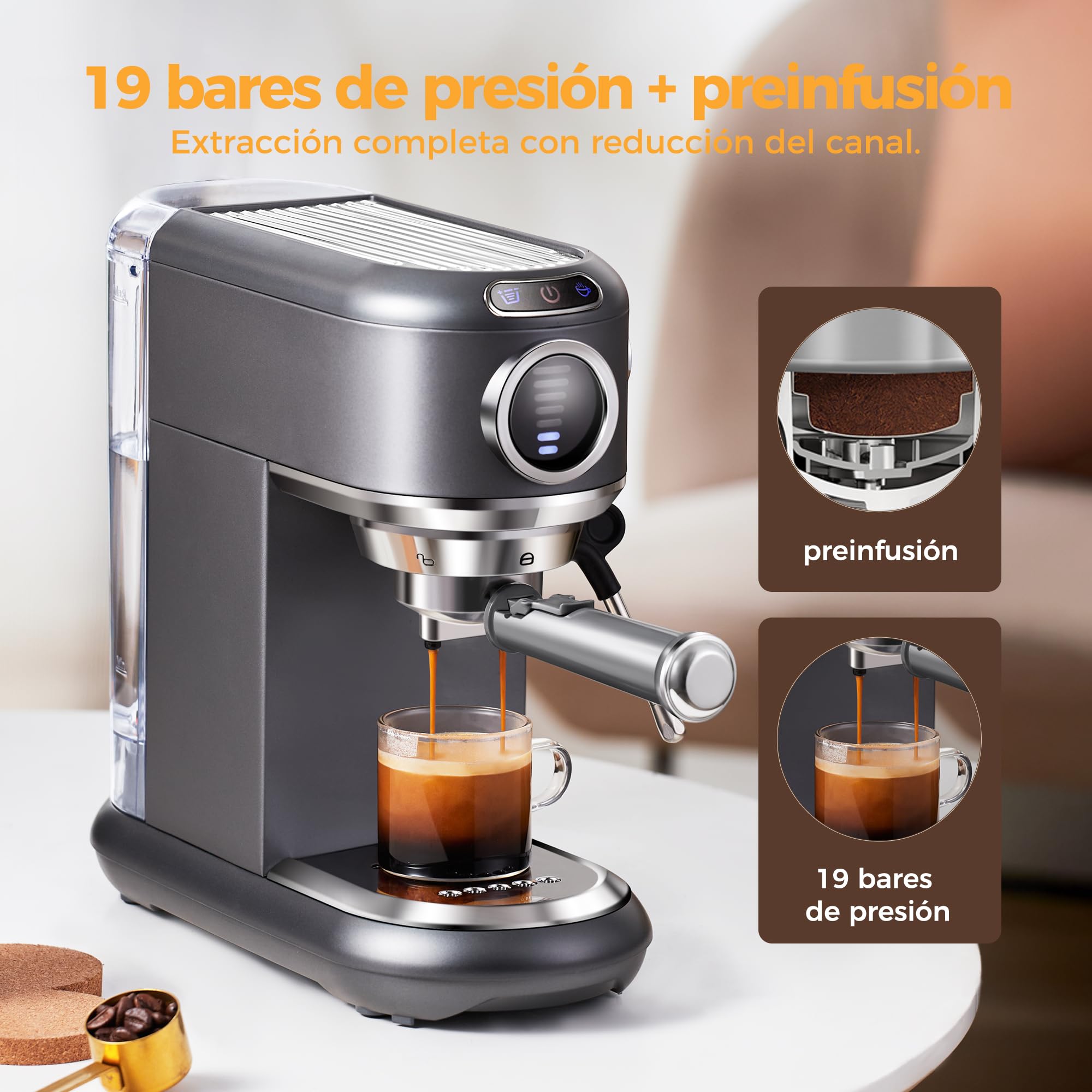 CAFELFFE MK-601F Cafetera 4-en-1, Compatible con Nes Original, DG, ESE y Café Molido, 19Bar Máquina de Espresso con Preparación en Caliente/Frío y Depósito 1,1L
