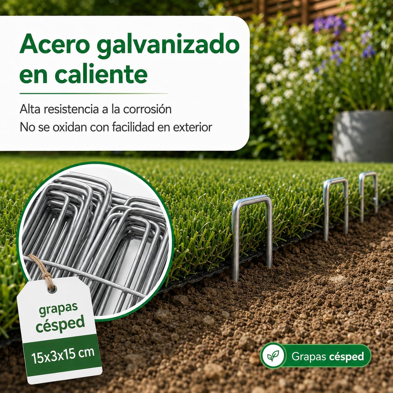 Grapas para Césped Artificial - 100 Piquetas + 16 Arandelas - Mallas Antihierba - Piquetas Camping Suelo Duro - Clavos Jardín - Anclaje Suelo - Metal - 3mm - 15x3x15cm
