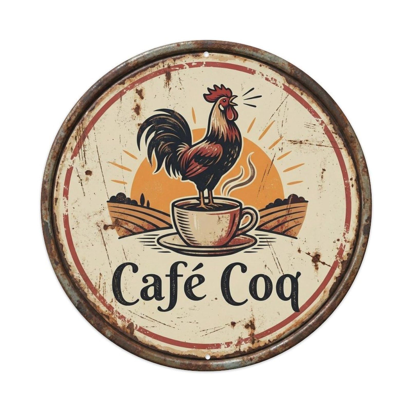 Rooster Coffee Brew Shop Bakery Moka Pot Espresso Cafe Metal Tin Sign Plaque Wall Decor for Cafe, Man Cave, Club Bar, Office, Home Garden Round Metal Poster 8x8Inch