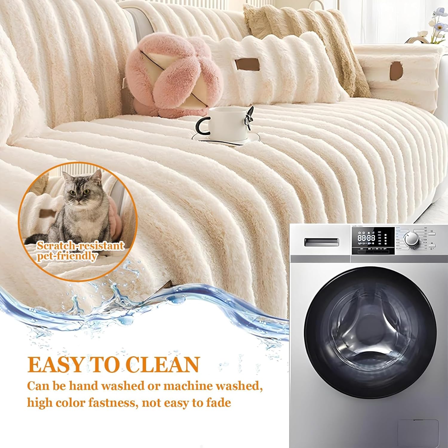 Faux Rabbit Fur Couch Sofa Cover Washable,Thick Soft Sectional Furry Fluffy Cushion Non-Slip Slipcovers Furniture Protector for Dogs Cats(Coffee,110 * 210cm)