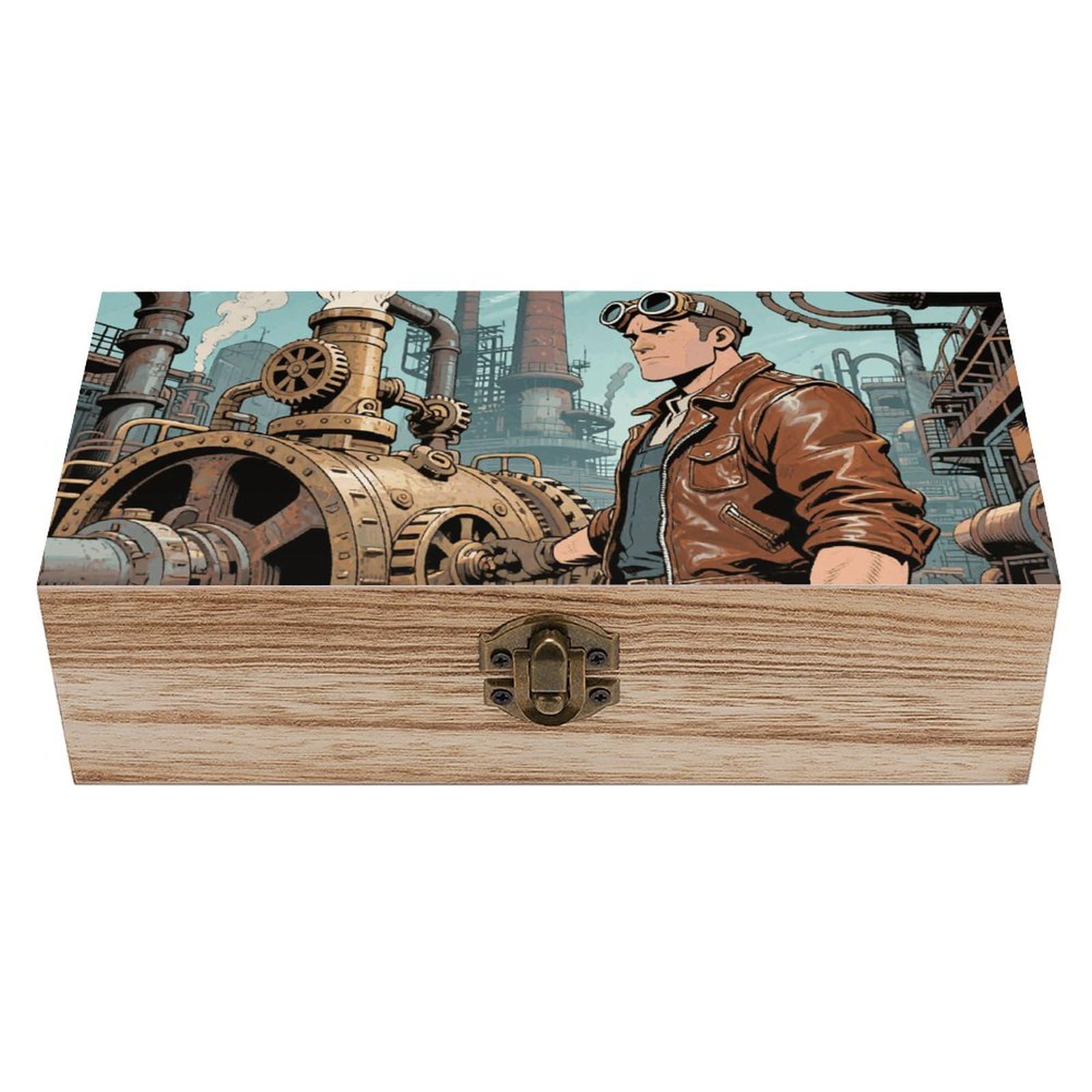 asbwuo Steampunk Factory Wooden Keepsake Box Storage Boxes with Hinged Lid