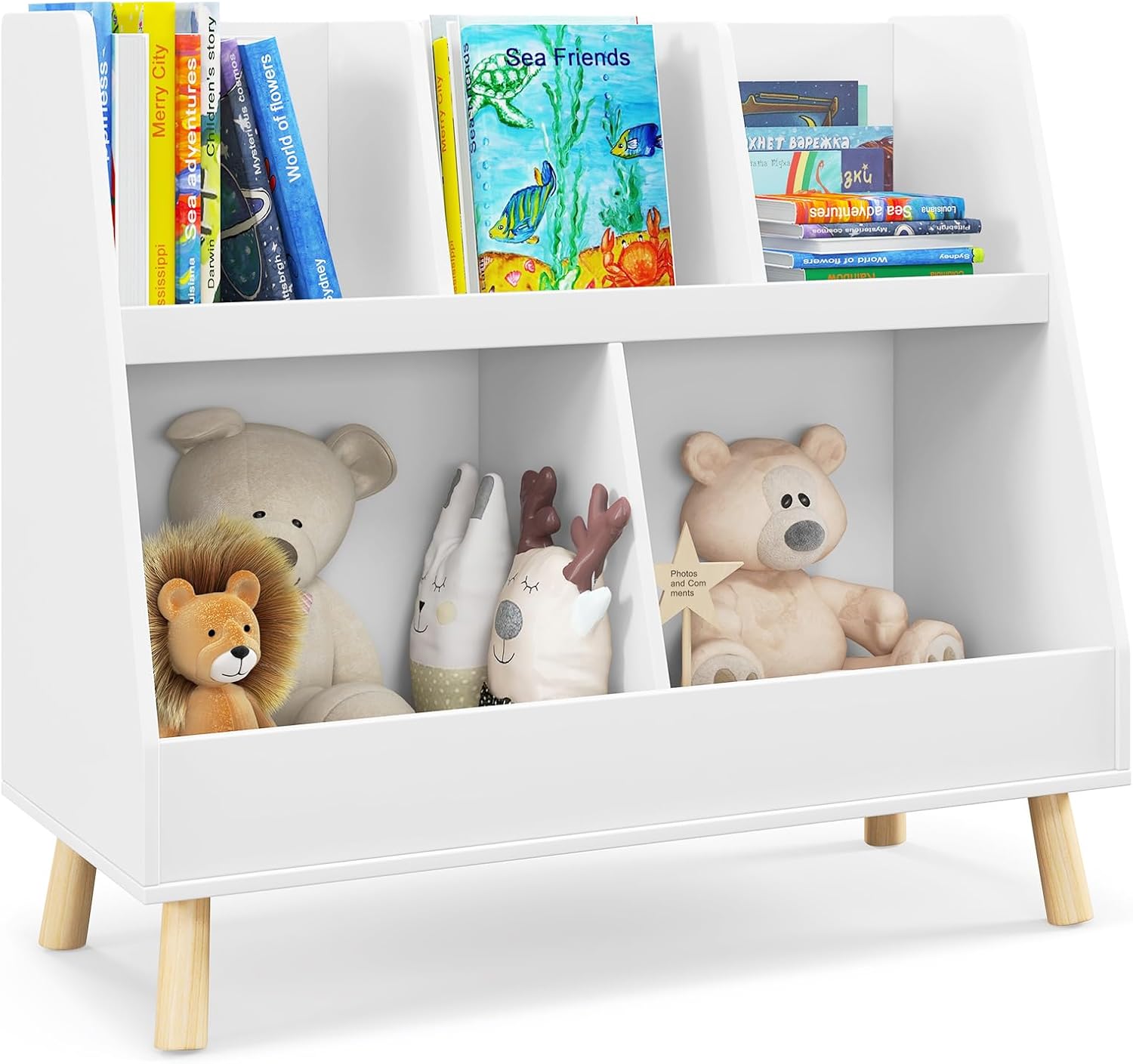 HONEY JOY Toy Storage Organizer with Bookcase, 5-Cubby Children Toy Storage Cabinet, 2-Tier Open Book Display Organizer w/Legs, Free Standing Bookshelf for Playroom, Bedroom, Nursery (White)