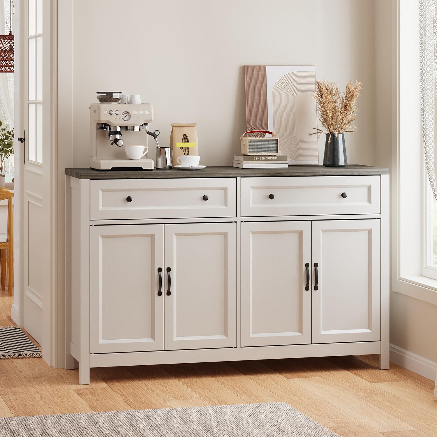 Sideboard, Küchenschrank mit Arbeitsplatten, Küchenbuffet Aufbewahrungsschrank mit 2 Schubladen und 4 Türen, für Wohnzimmer, Küche, Esszimmer, 40 x 140 x 90 cm, Grau