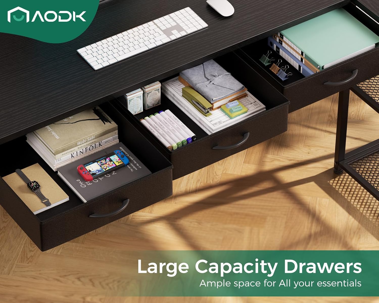 Open fabric drawers of the AODK L-shaped desk, showing various office supplies and personal items stored inside.