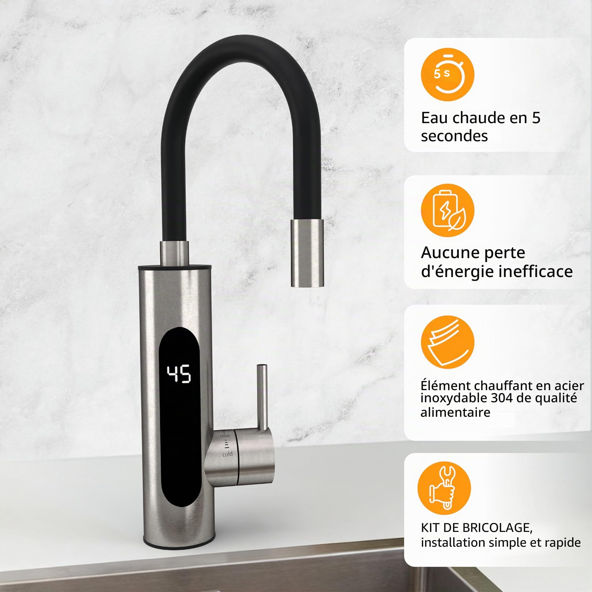 HOGART Robinet électrique avec chauffe-eau instantané 230 V pour cuisine, jardin, salle de bain, caravane, camping, 2 embouts, chauffage intelligent, robinet avec chauffe-eau instantané, robinet d'eau