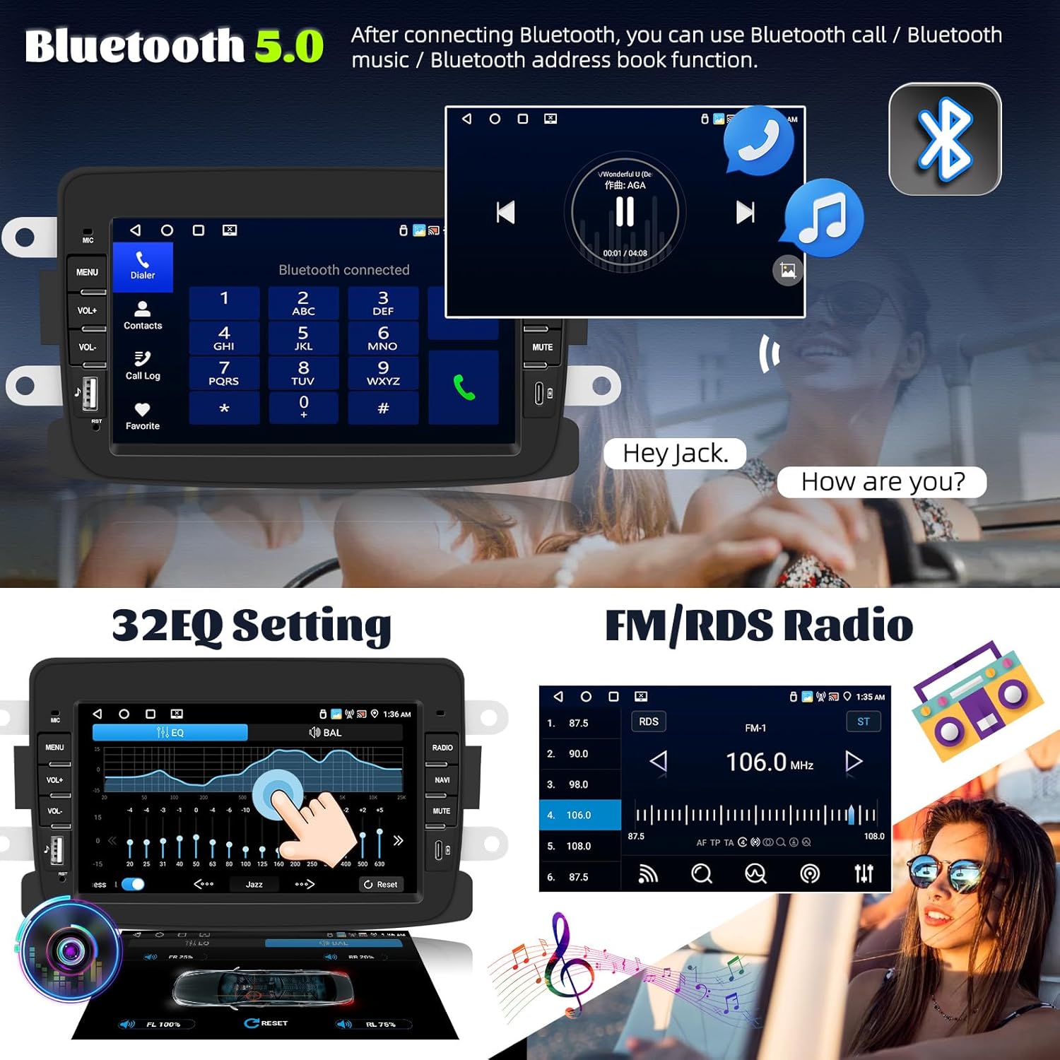 Screenshots demonstrating wireless Carplay and Android Auto interfaces, along with Mirror Link functionality for both iOS and Android phones.