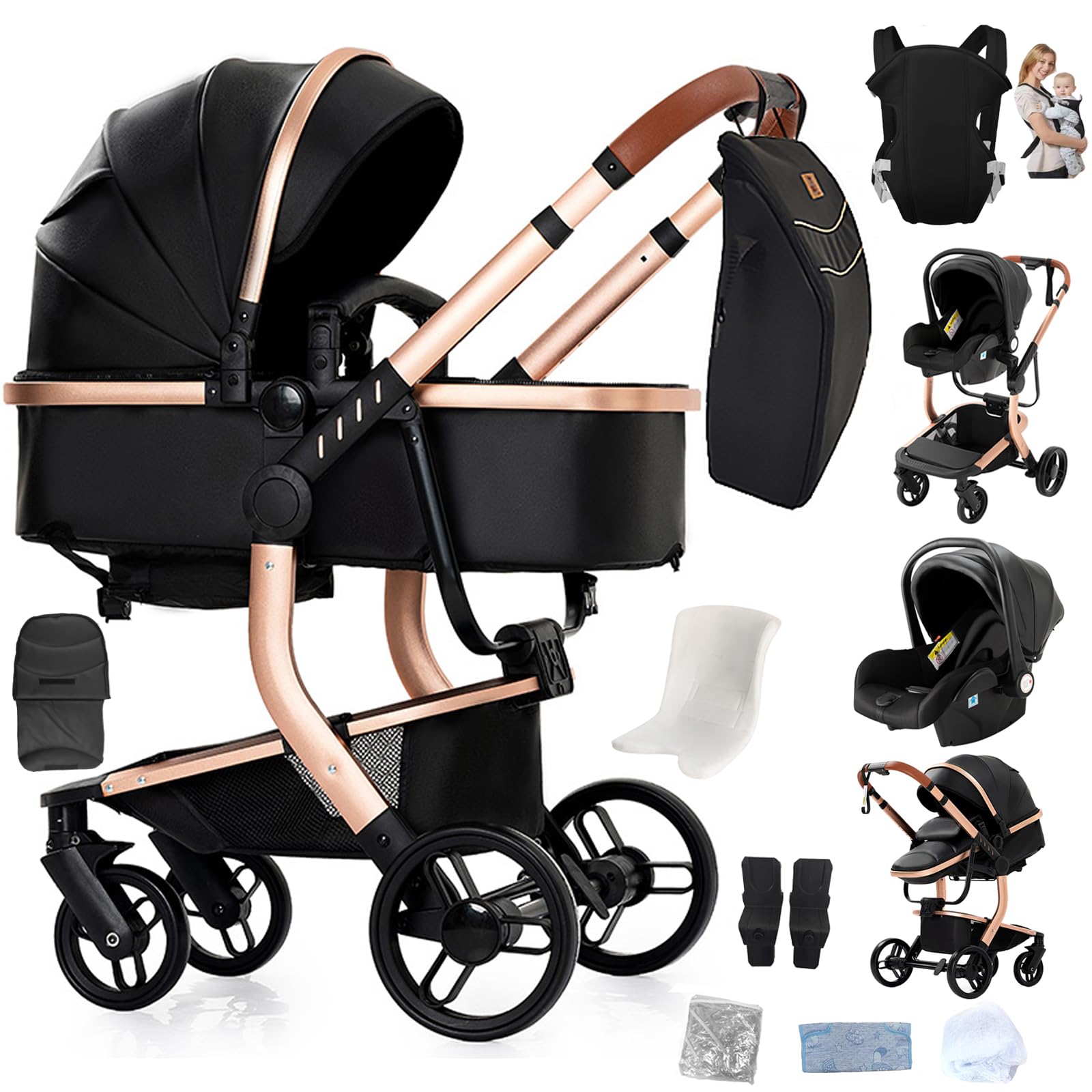 PU-Leder Kinderwagen 3 in 1, Buggy mit Ein-Klick-Faltdesign, Kinderwagen mit Zwei Umkehrbaren Schiebemodi, Kombikinderwagen 3 in 1 Komplettset Rahmen Aluminiumlegierung (L518 Black)