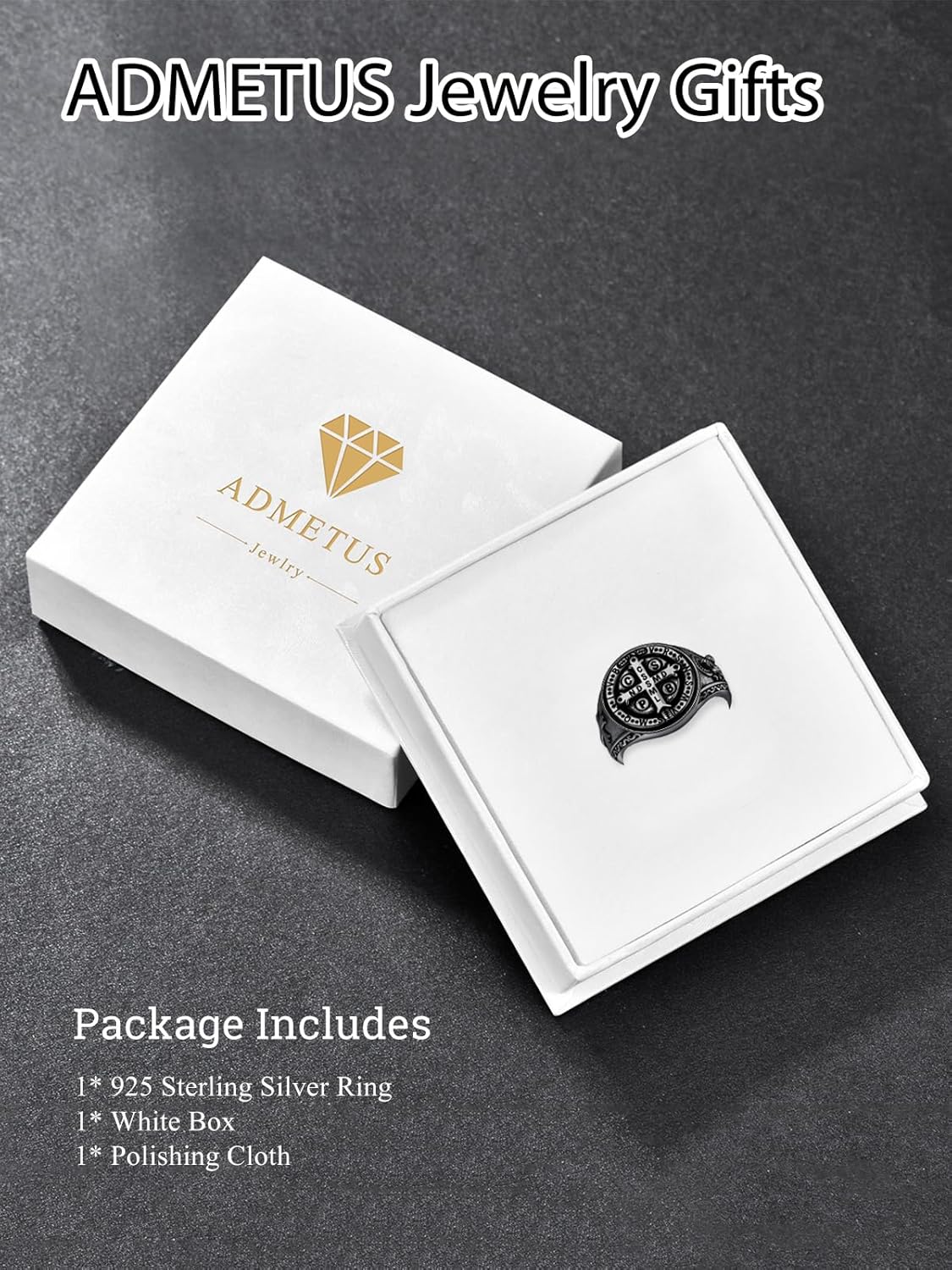 ADMETUS 925 Sterling Silver St Benedict Rings Exorcism Saint Benedict Ring Medalla de San Benito Jewelry Protection Religious Gifts for Men Rings Size 6-15