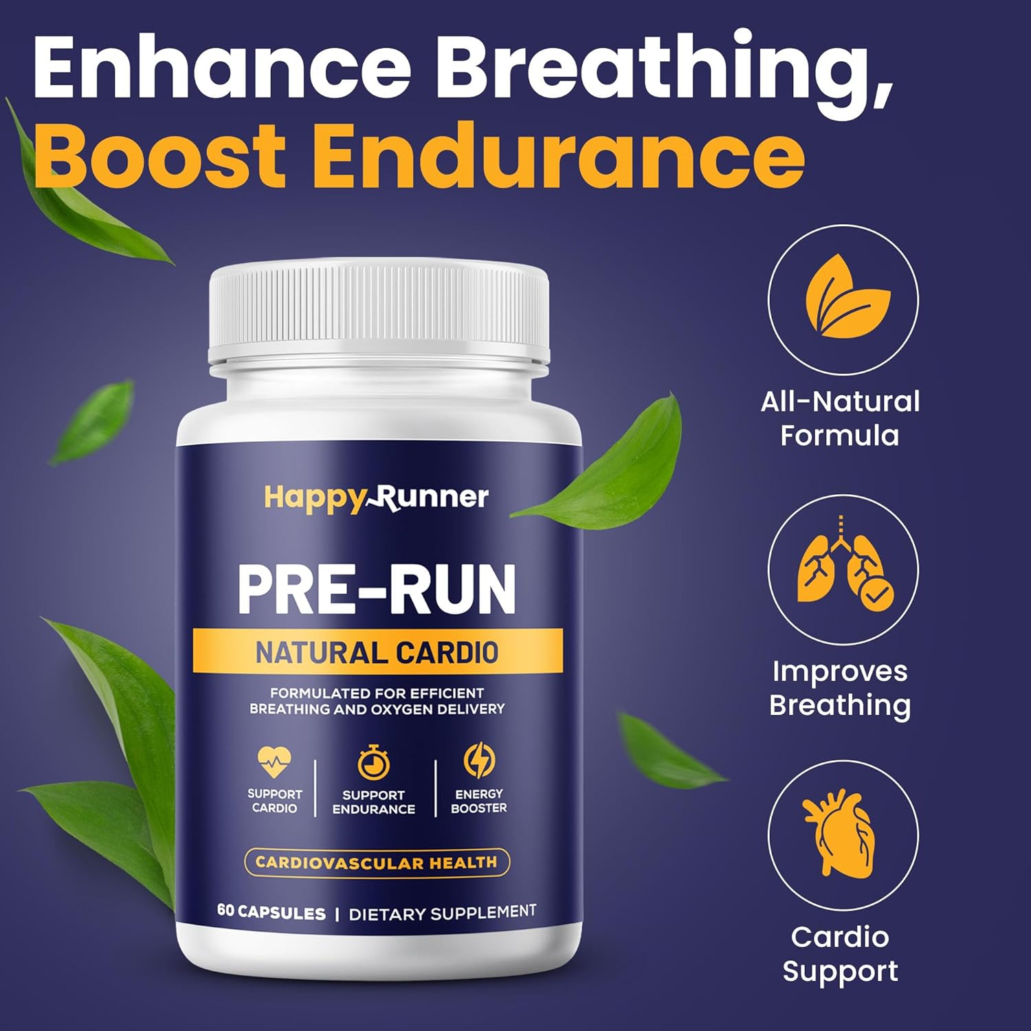Happy Runner: Pre-Run - Enhances Breathing, Improved Oxygen Delivery, Respiratory Efficiency, Boosts Endurance, Nitric Oxide Booster, Improved Blood Flow, Running Supplements, Cardiovascular Health