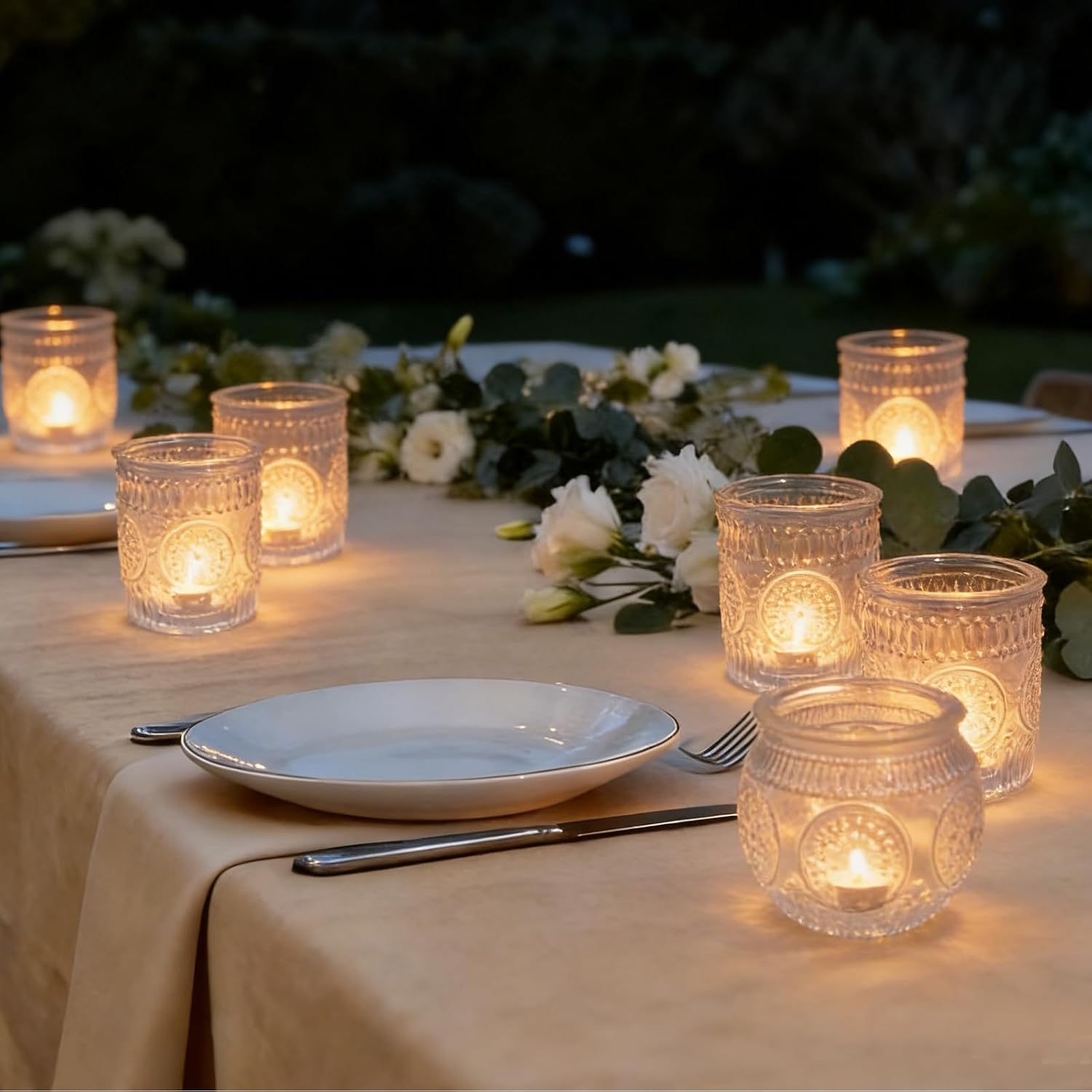 12 Pack Clear Votive Glass Candle Holders, Bulk Vintage Tealight Candle Holders for Wedding, Christmas, Thanksgiving, Birthday Table Centerpieces & Home Decor