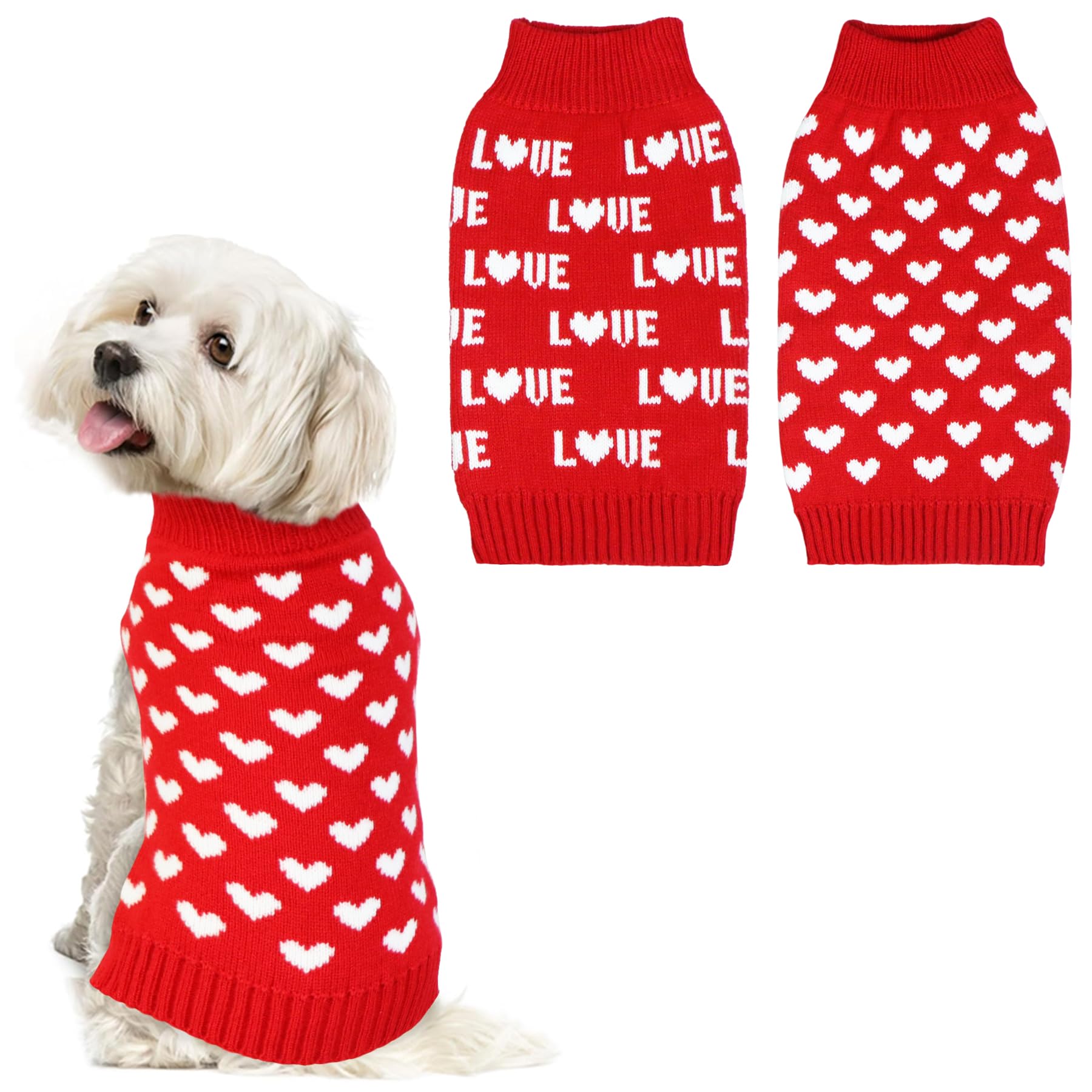GOYOSWA 2 Pack Valentine’s Day Dog Sweater, Dog Valentines Outfit Clothes Knitted Heart Sweaters for Small Medium Large Dogs Pets (Red Heart & Red Love, Large)