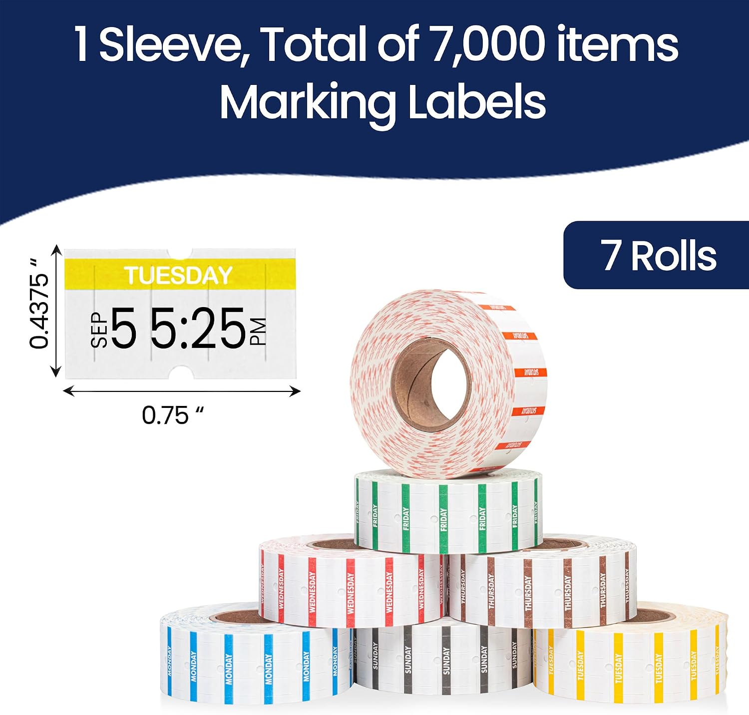 Perco 1 Line Day of The Week Labels - 7 Rolls (Full Week), 1 Sleeve, 7,000 Blank Dating Labels for Perco Lite, X, Plus and Pro 1 Line Date Guns