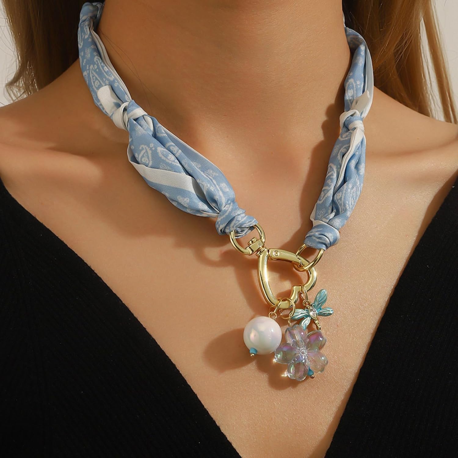 Scarf Necklace with Charm Gold Heart Flower Pendants Charm Necklaces Scarf Boho Beach Jewelry Gift for Women - Image 2