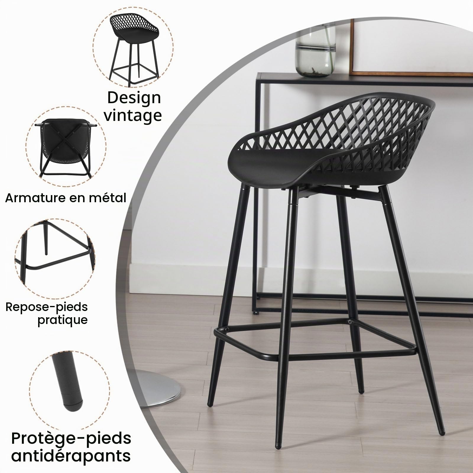WOLTU Tabouret de Bar Lot de 2, avec Dossier, Siège Plastique, Noir
