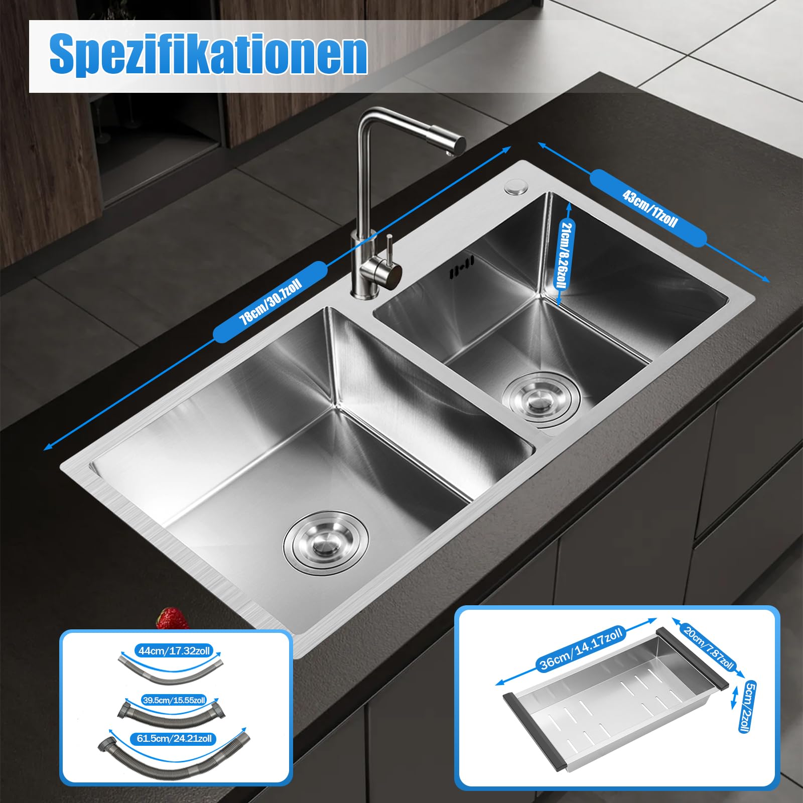 Fregadero doble 201 de acero inoxidable, empotrable, 78 x 43 x 21 cm, rectangular con escurridor, filtro de residuos, dispositivo de drenaje de cocina, fregadero de cocina con 2 cuencas