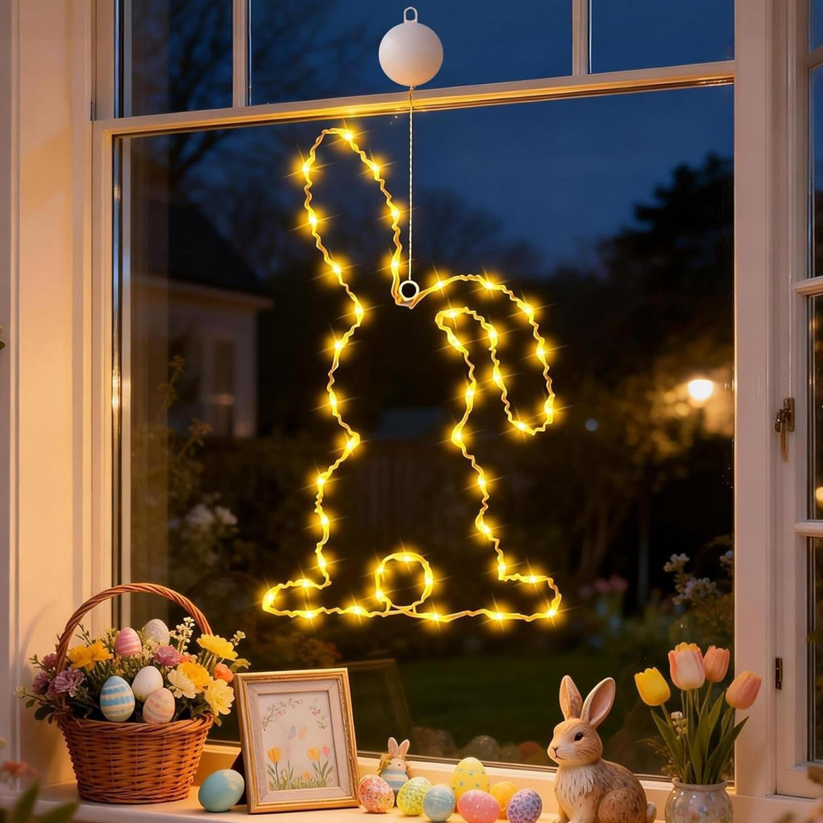 Easter Bunny Window Light, Easter Decoration Hanging Lights with Timing Function & 8 Dynamic Lighting Effects, Battery Operated, Holiday Indoor Decor