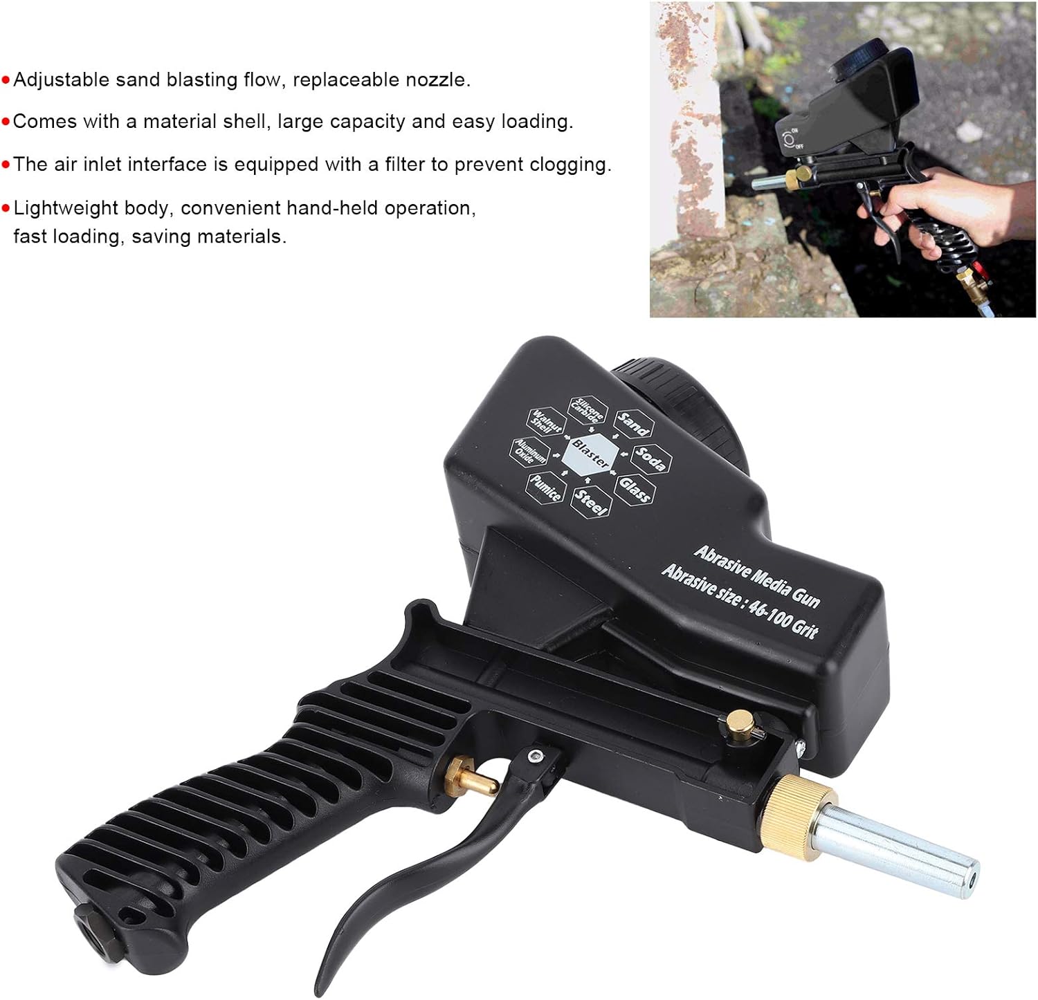 Sandblasting Gun, Portable 70-150 PSI Handheld Type Sandblaster ABS Sand Blaster Gun Set Spray Gun Blasting Machine Adjustable Flow for Rust Removal Details(Blue)(Preto)