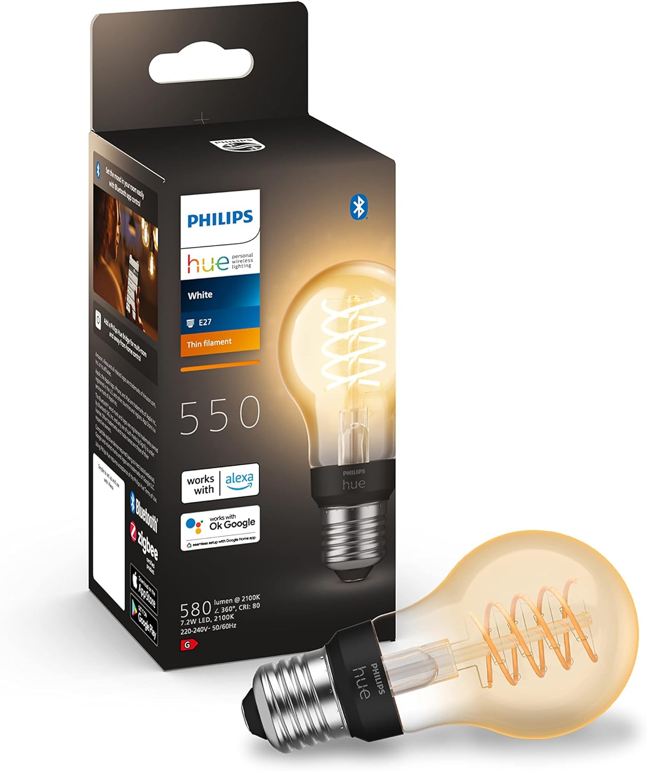 Philips Hue Filament Standard A60-1-Pack – Warm-Wit Licht – Smart Lamp – Dimbaar – Verbind met Bluetooth of Bridge – Werkt met Alexa en Google Home